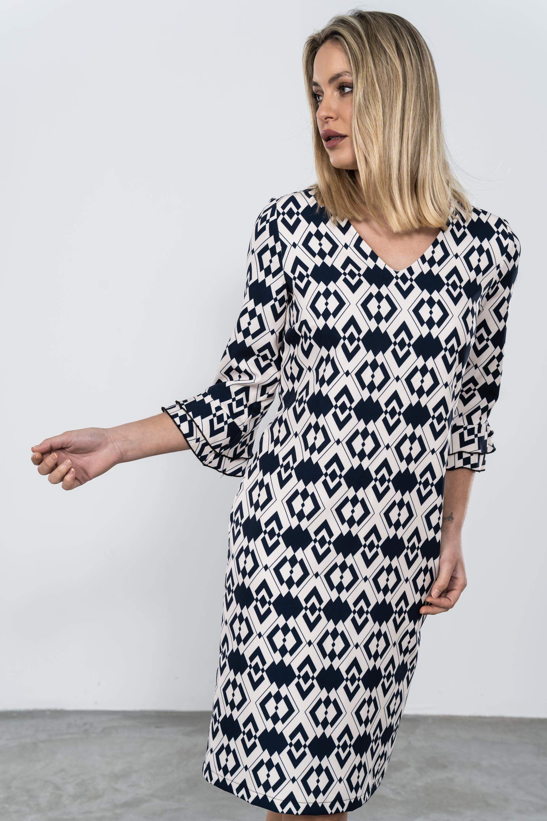 VESTIDO MANGA FRANCESA ESTAMPADO GEOMÉTRICO