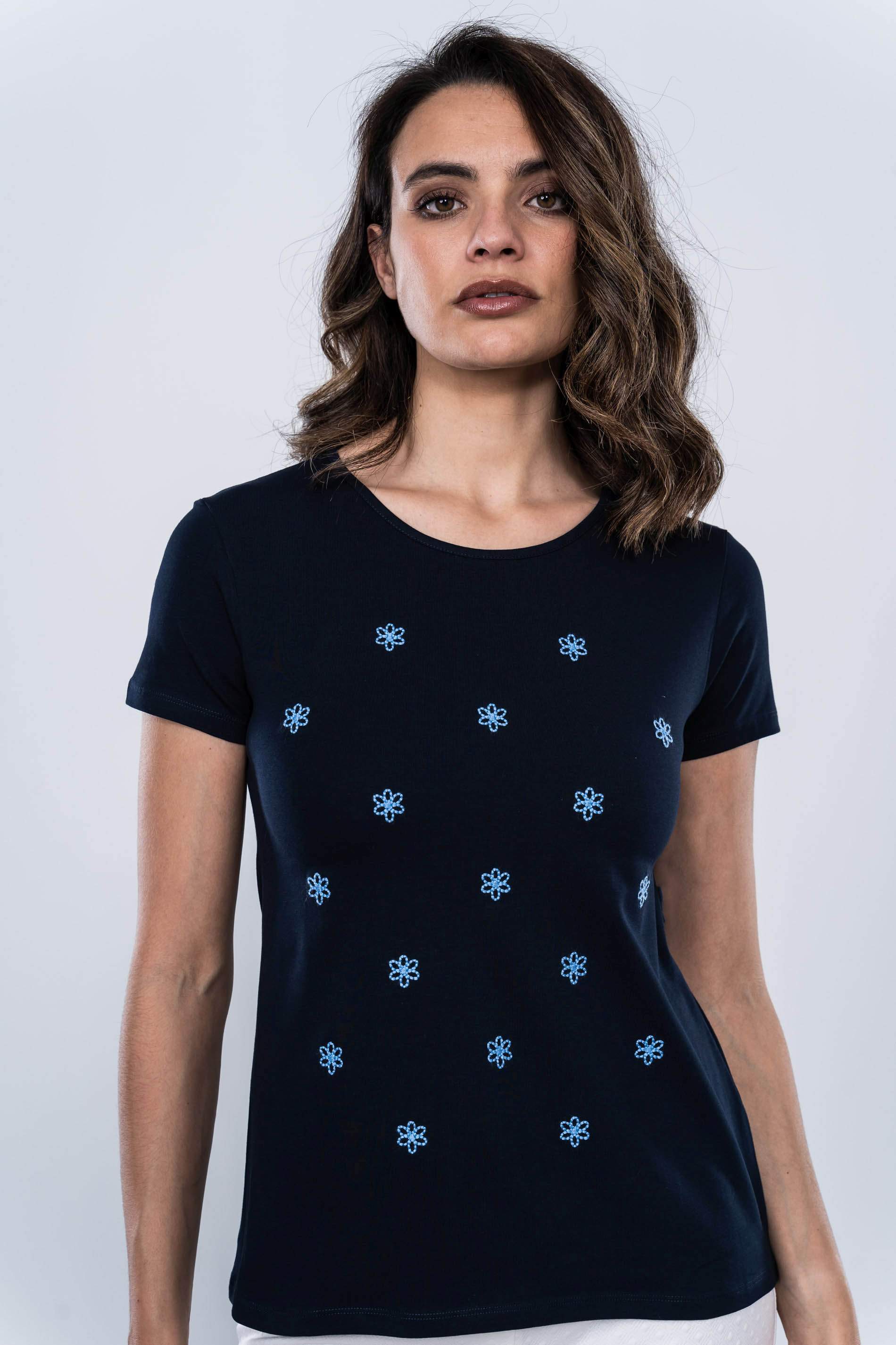 CAMISETA FLOR PESPUNTE MARINO