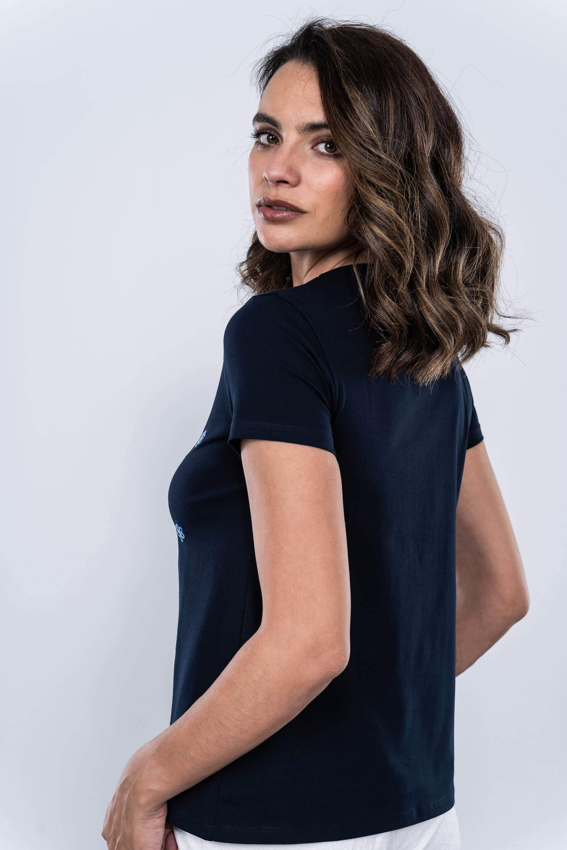 CAMISETA FLOR PESPUNTE MARINO