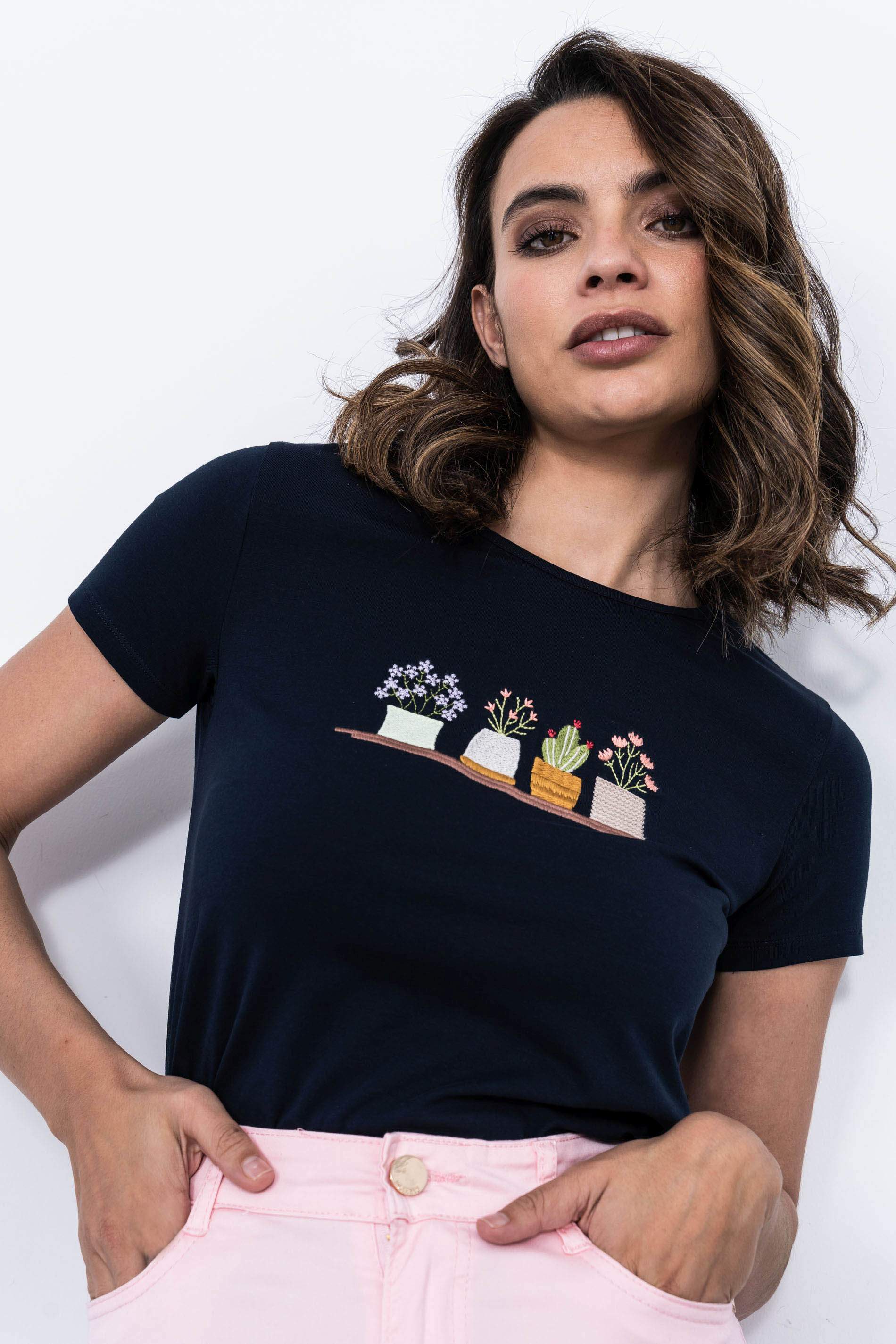CAMISETA DETALLE PLANTAS MARINO