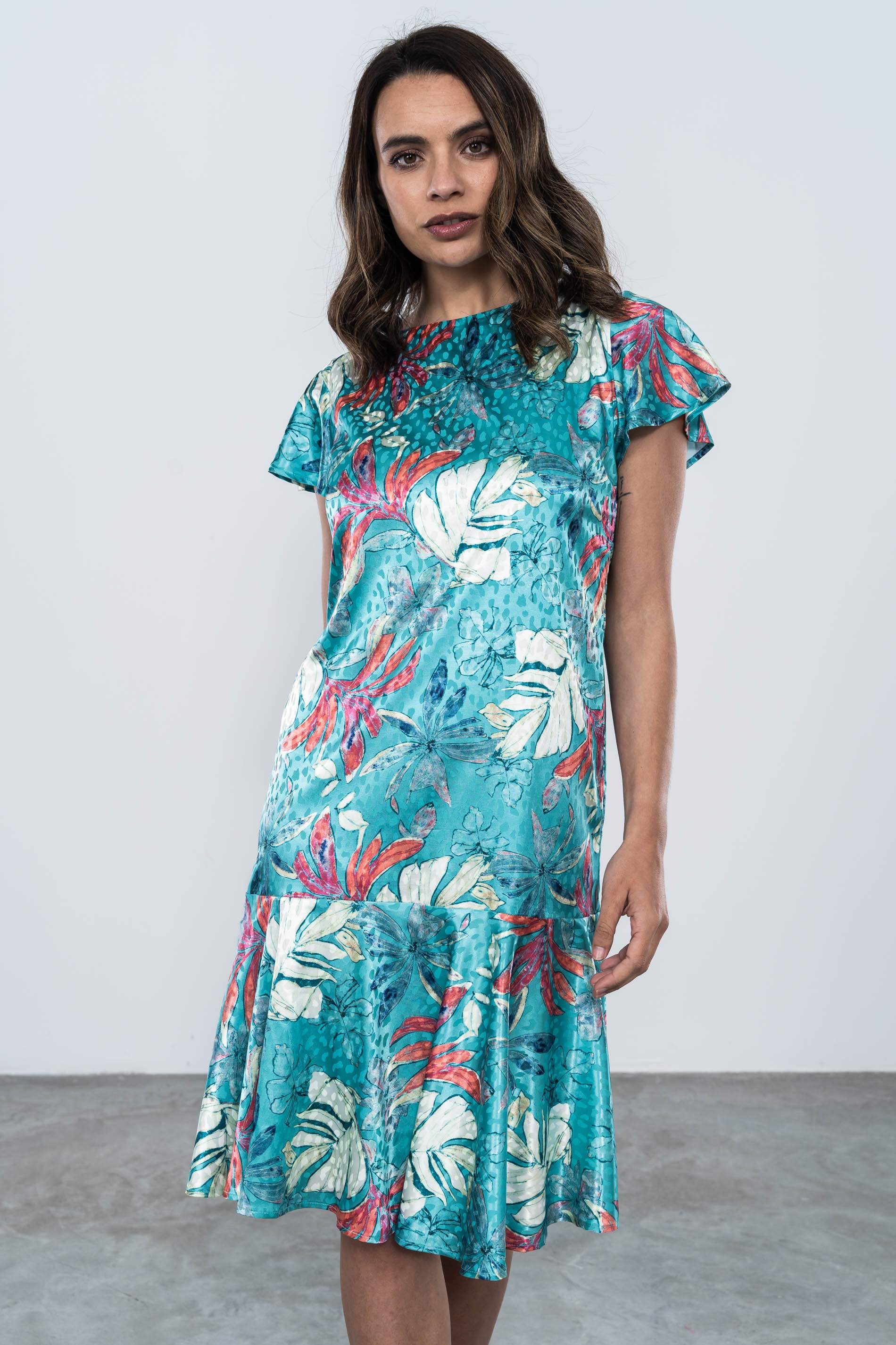 VESTIDO SATINADO CAPA BAJO TURQUESA