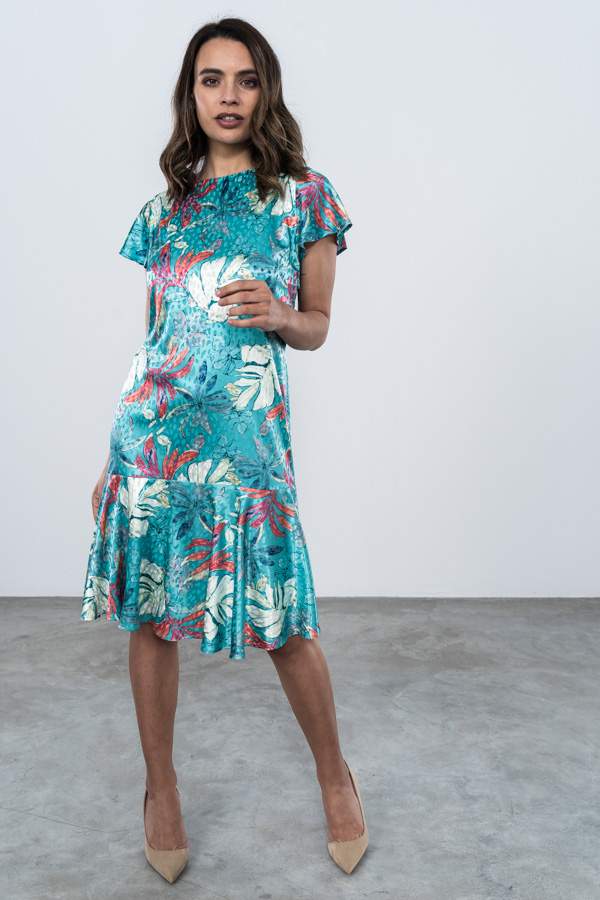 VESTIDO SATINADO CAPA BAJO TURQUESA