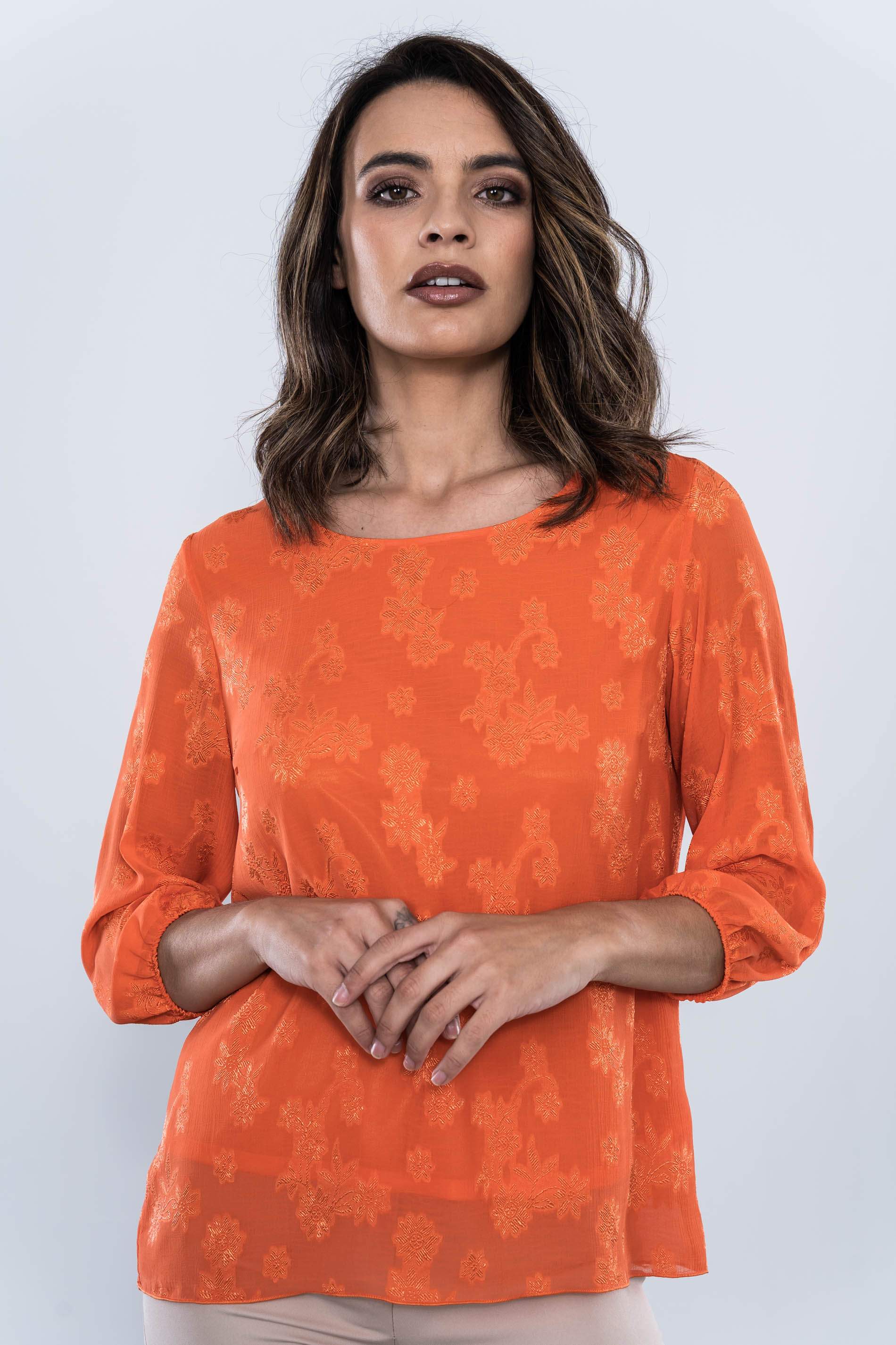 BLUSA FLORES JACQUARD MANDARINA