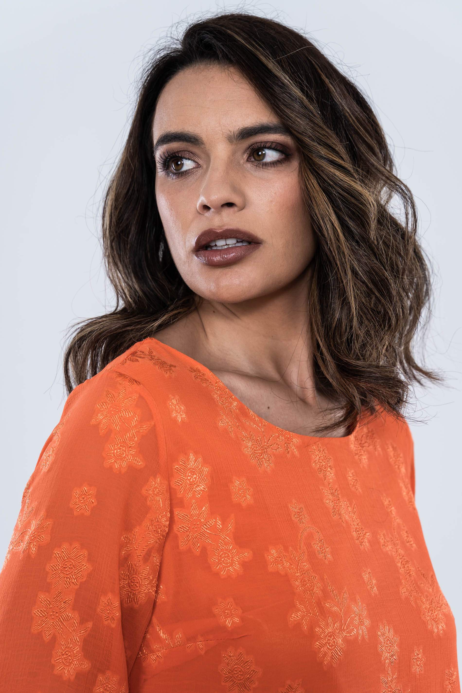 BLUSA FLORES JACQUARD MANDARINA