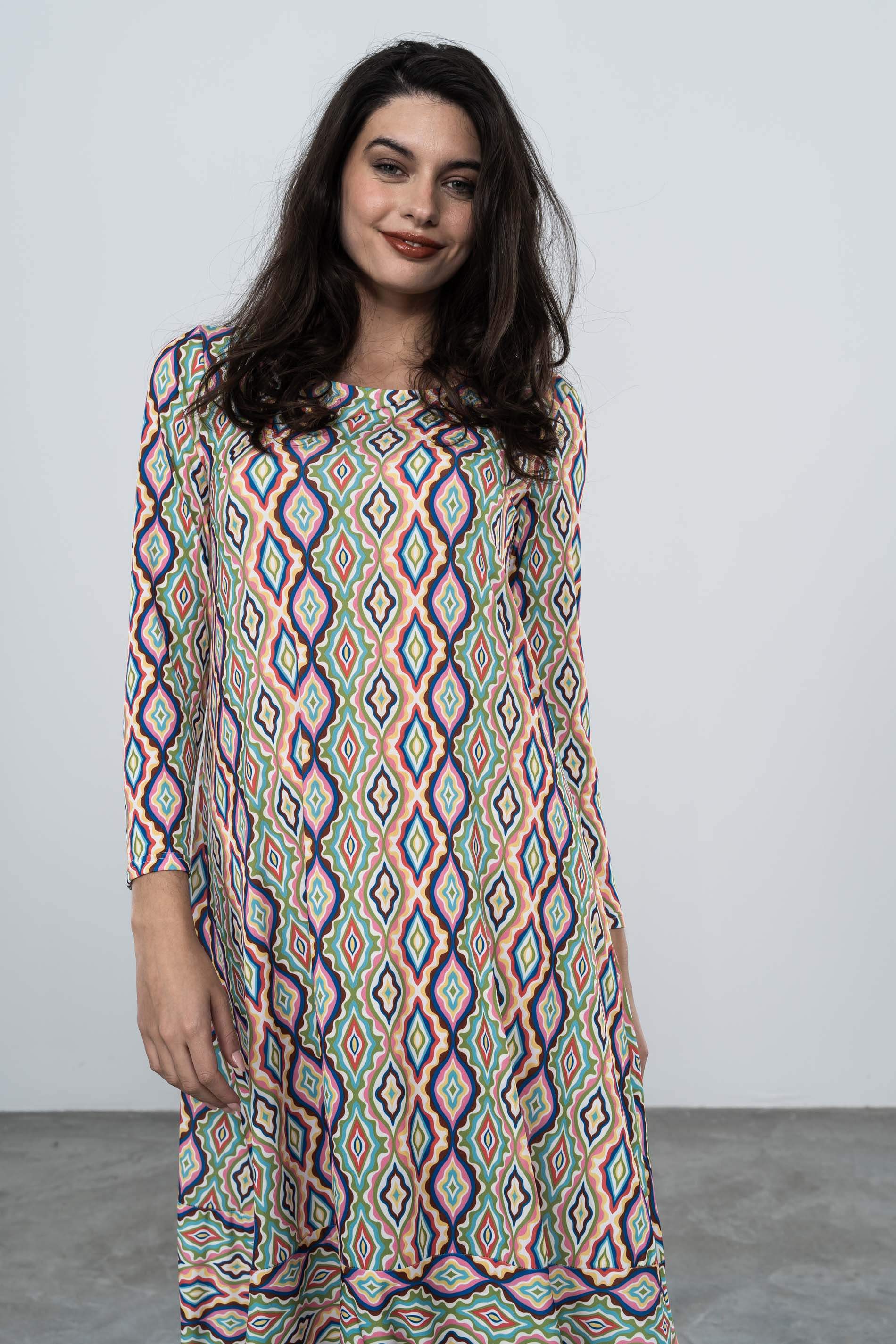 VESTIDO EVASE ROMBOS COLOR