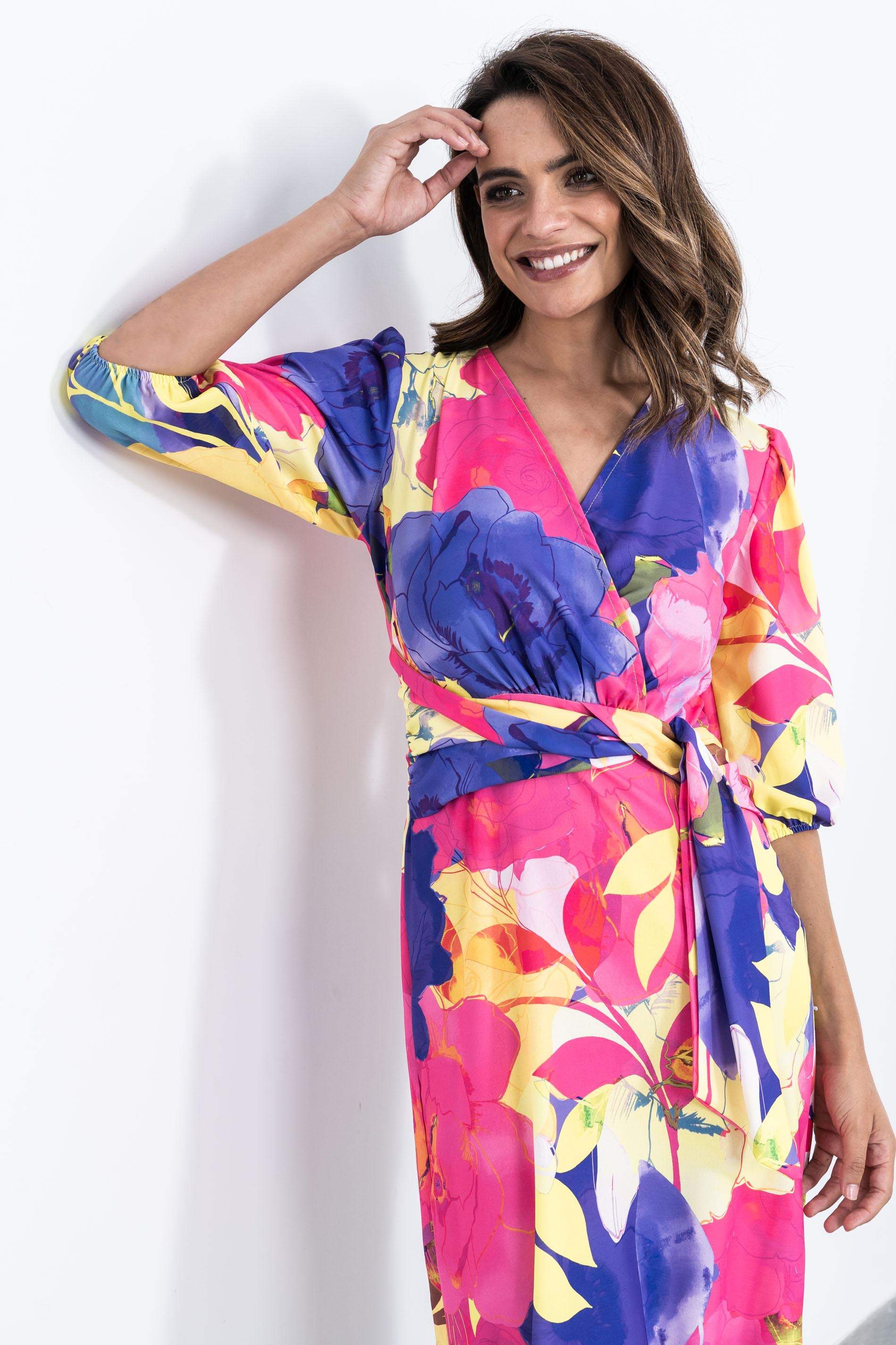 VESTIDO DRAPEADO CINTURA FLORAL