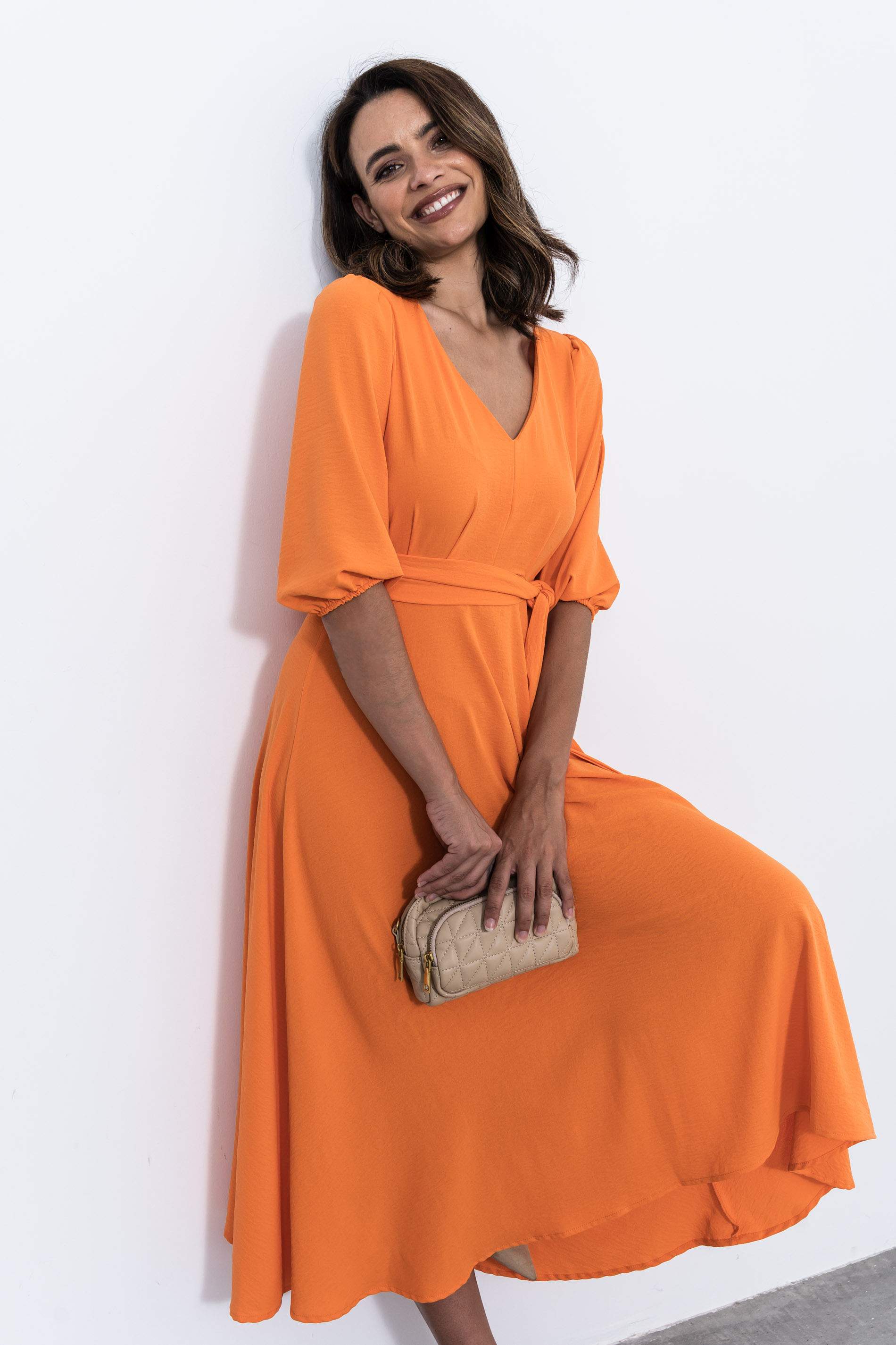 VESTIDO VUELO CINTURON NARANJA