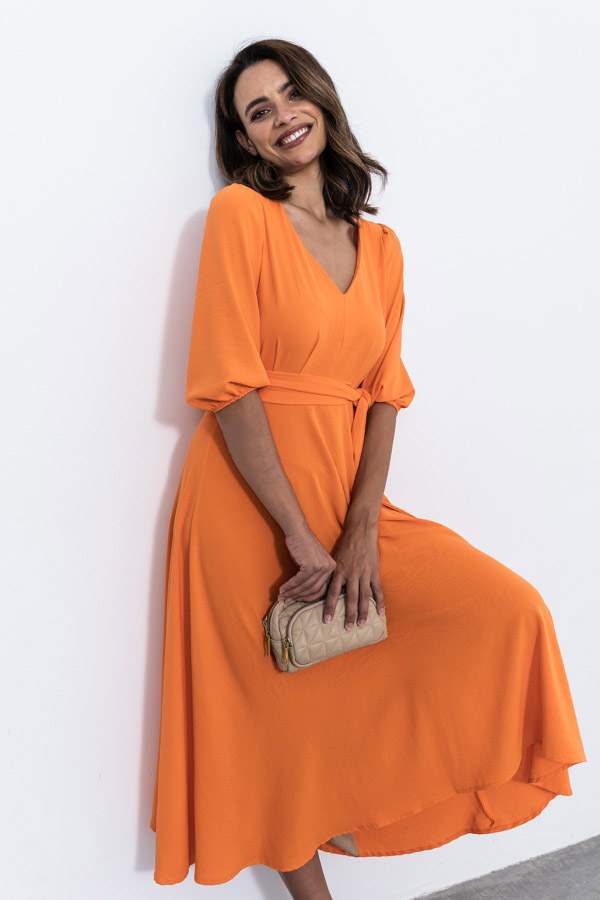 VESTIDO VUELO CINTURON NARANJA