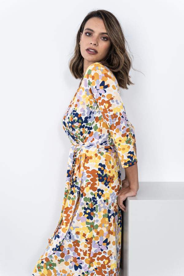 VESTIDO PUNTO EFECTO CRUZADO AMARILLO