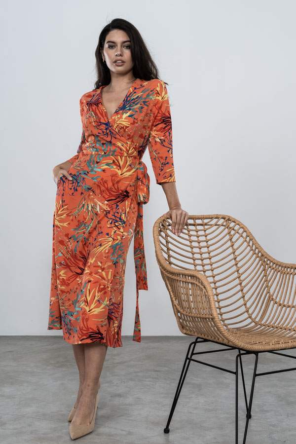 VESTIDO CRUZADO ESTAMPADOS HOJAS CALDERA