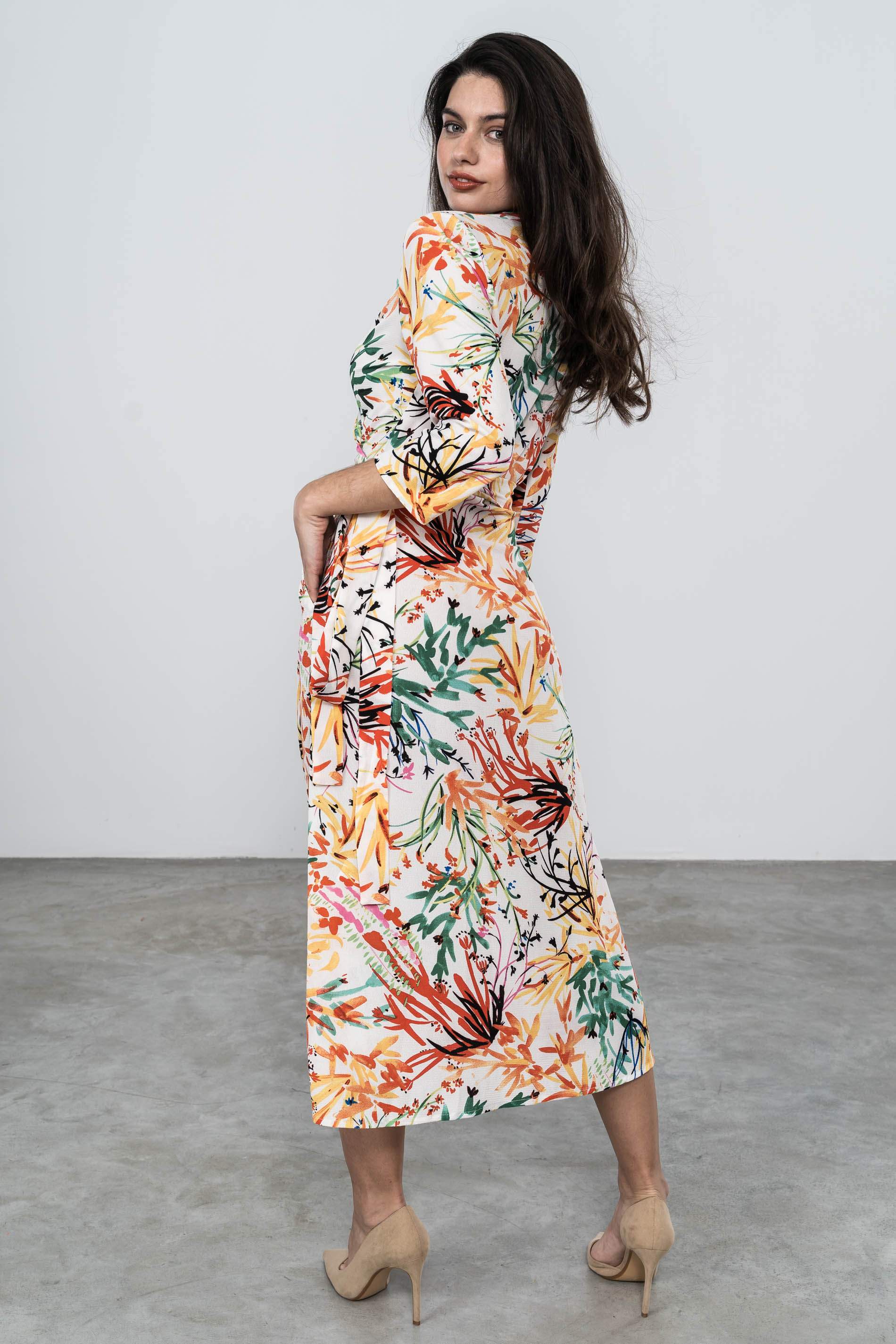 VESTIDO CRUZADO ESTAMPADO HOJAS CRUDO