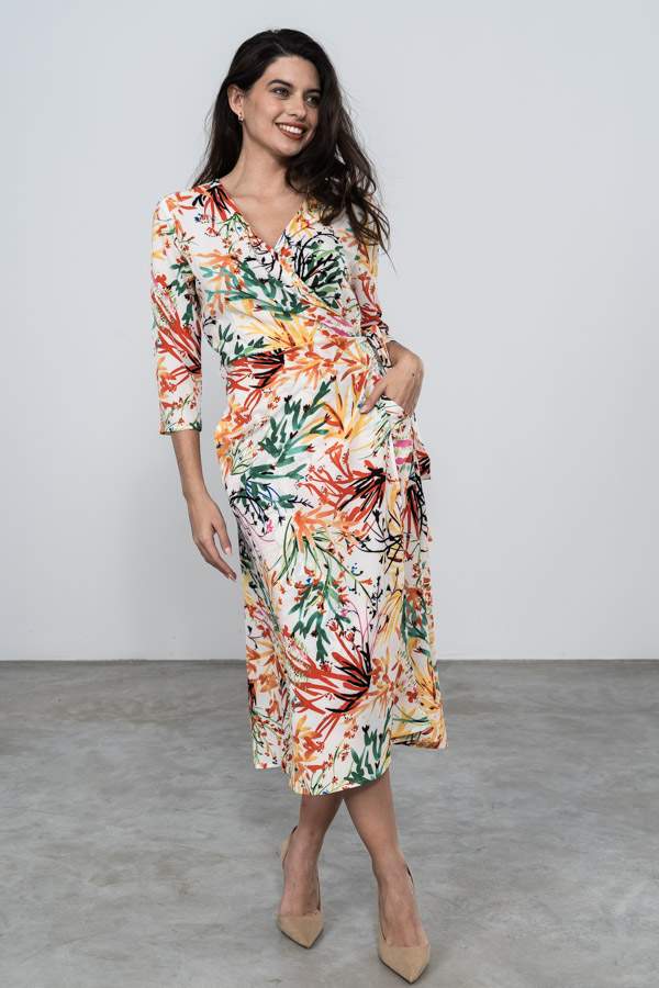 VESTIDO CRUZADO ESTAMPADO HOJAS CRUDO