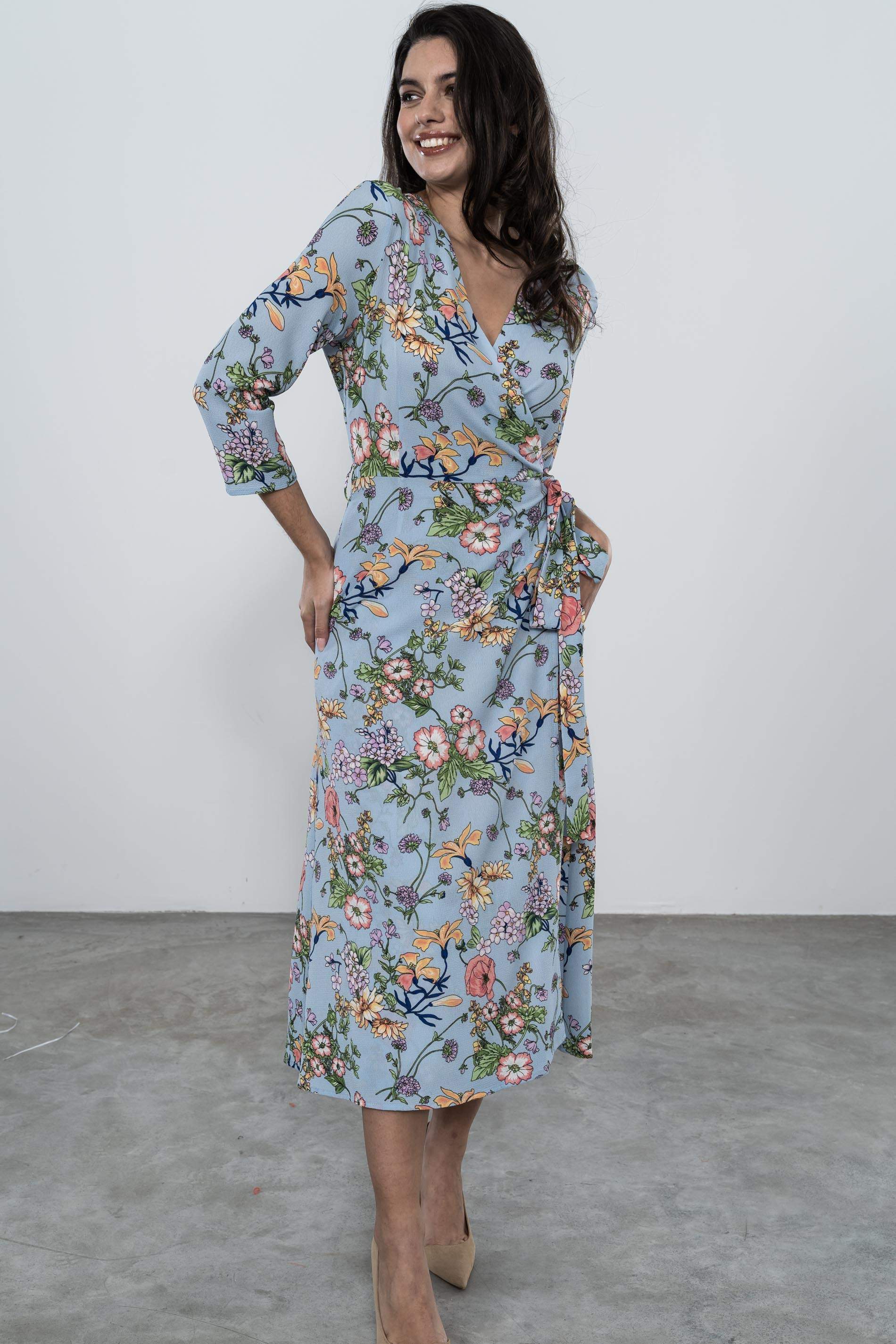 VESTIDO CRUZADO MIDI AMAPOLAS AZUL