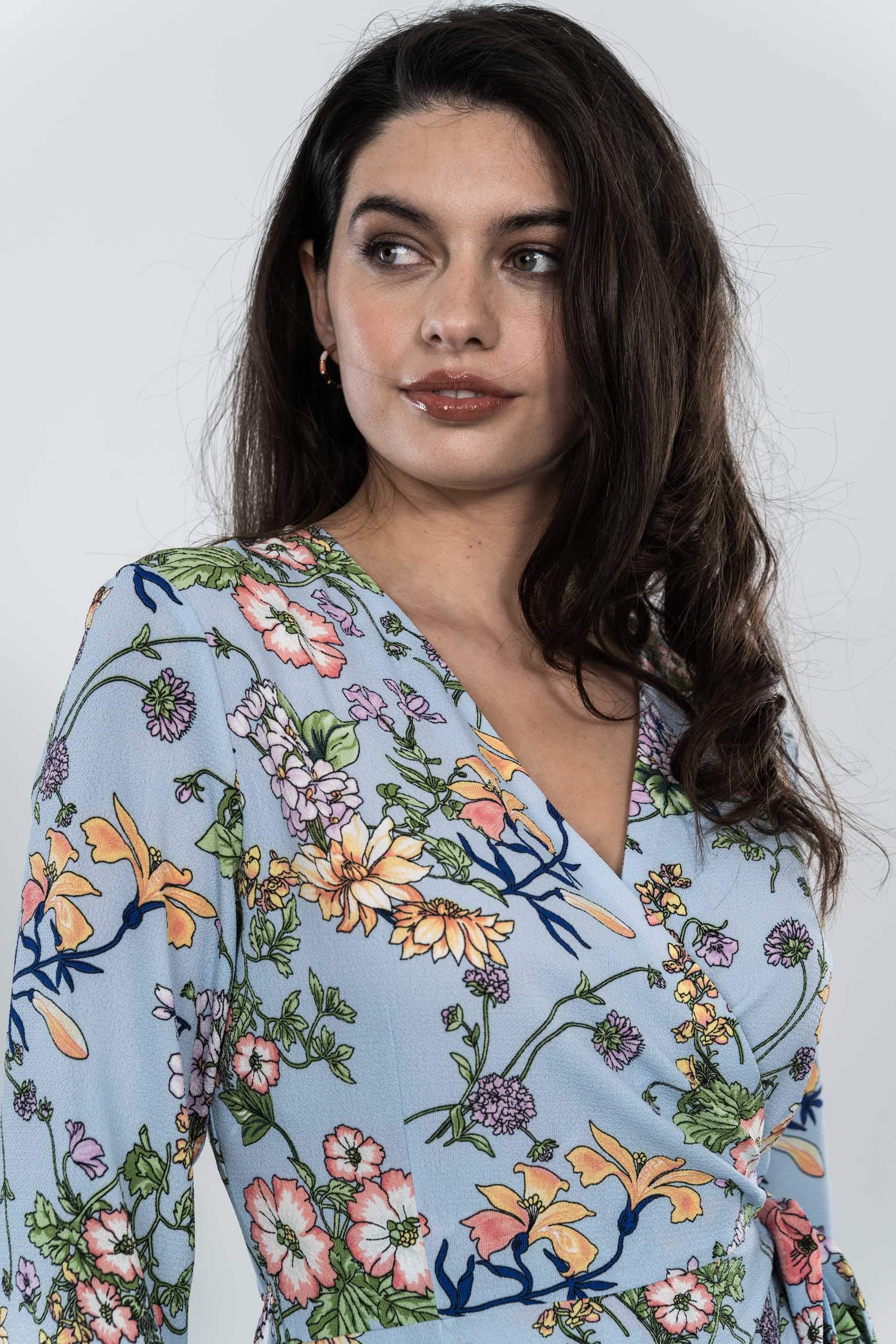 VESTIDO CRUZADO MIDI AMAPOLAS AZUL
