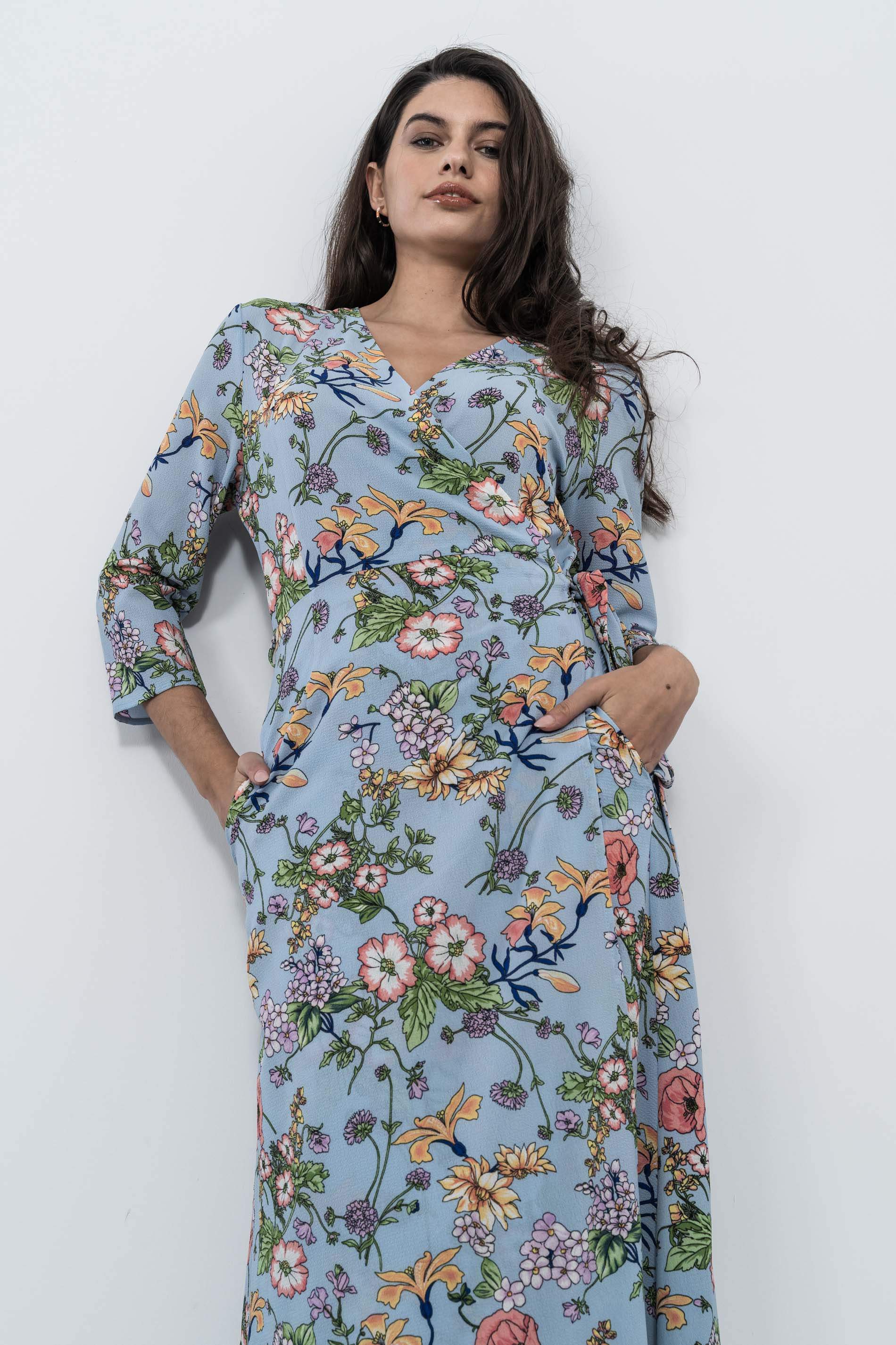VESTIDO CRUZADO MIDI AMAPOLAS AZUL