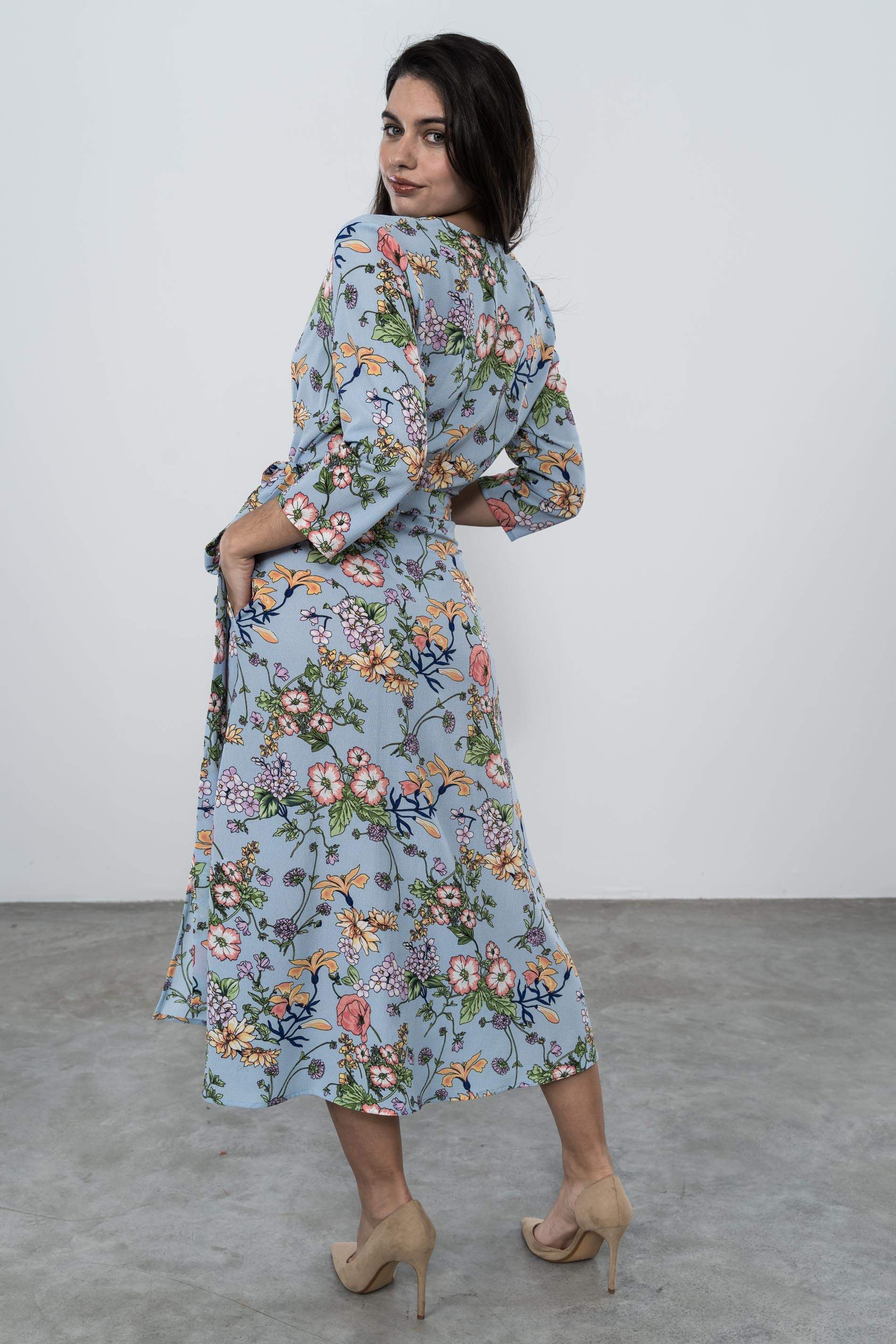 VESTIDO CRUZADO MIDI AMAPOLAS AZUL