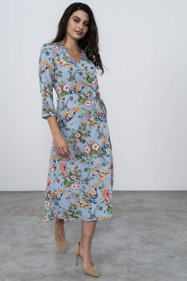 VESTIDO CRUZADO MIDI AMAPOLAS AZUL