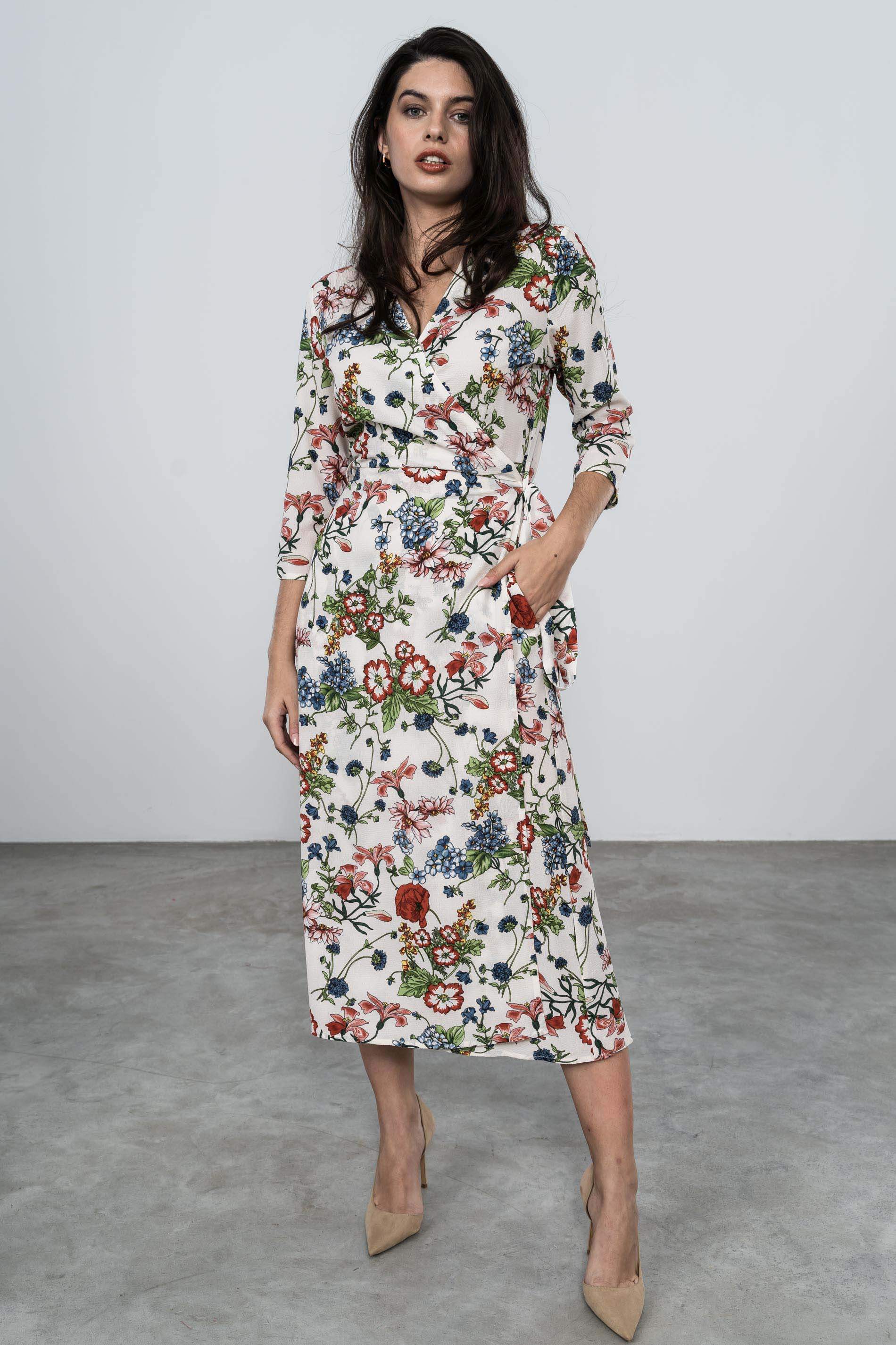 VESTIDO CRUZADO MIDI AMAPOLAS BEIG