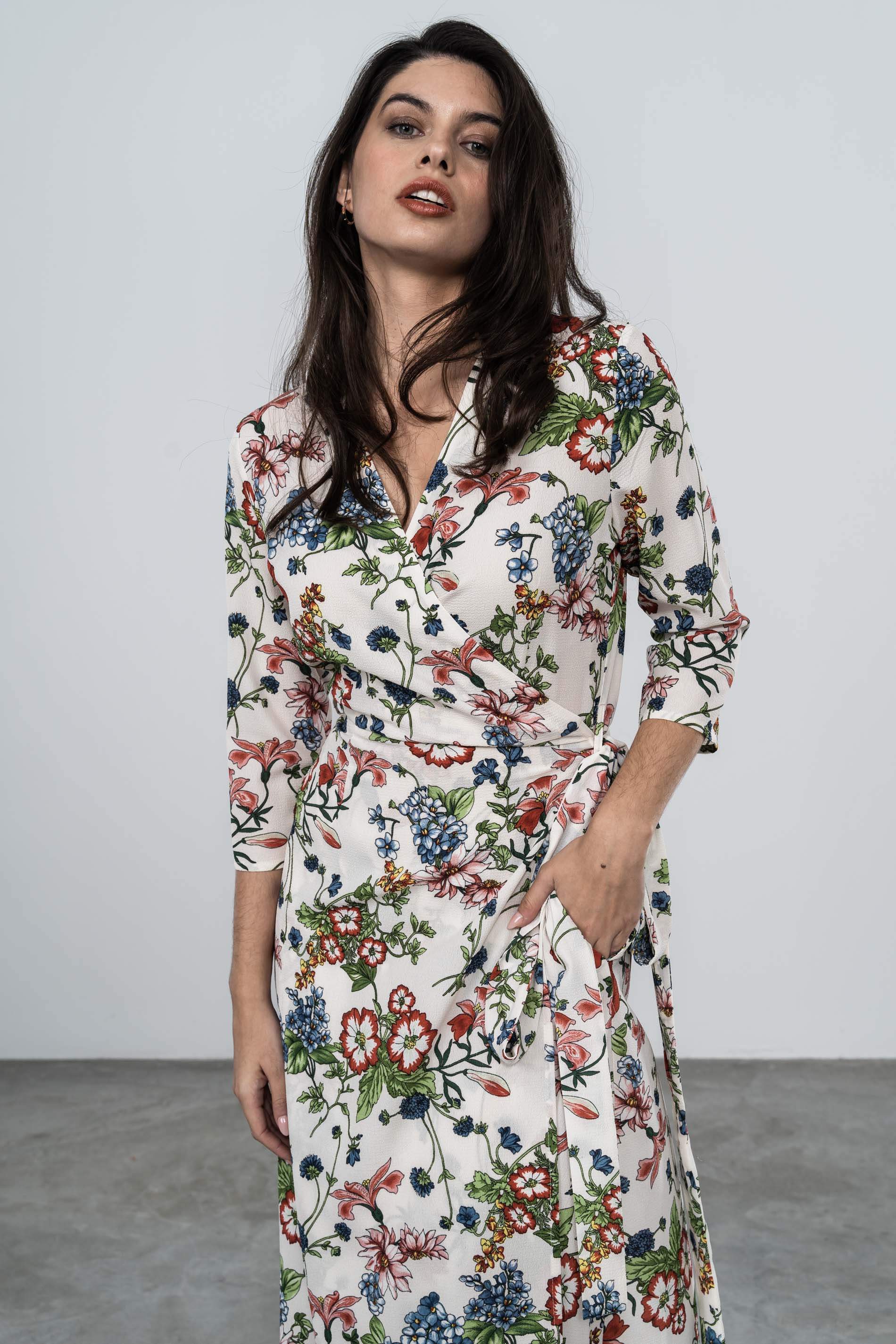 VESTIDO CRUZADO MIDI AMAPOLAS BEIG