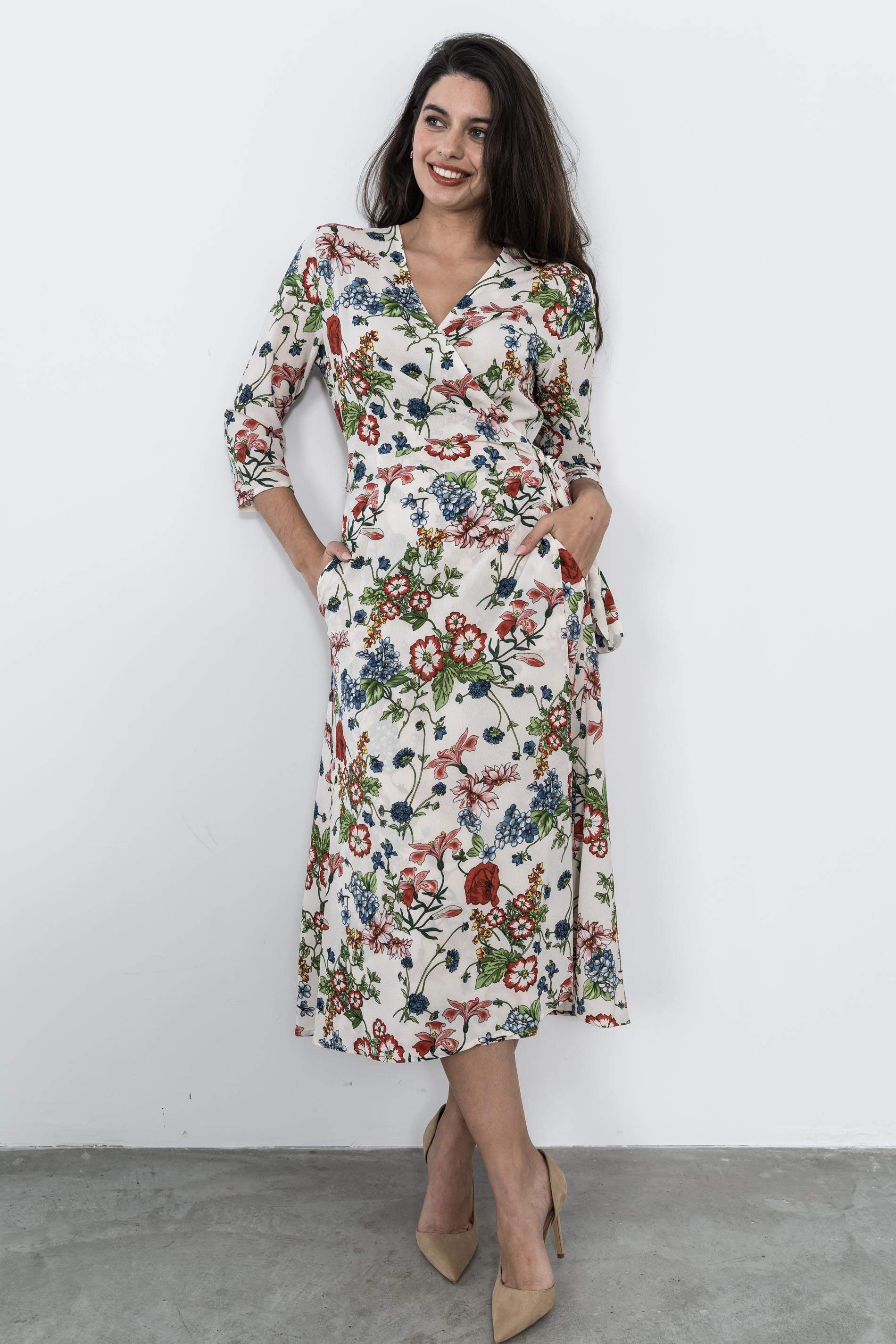 VESTIDO CRUZADO MIDI AMAPOLAS BEIG