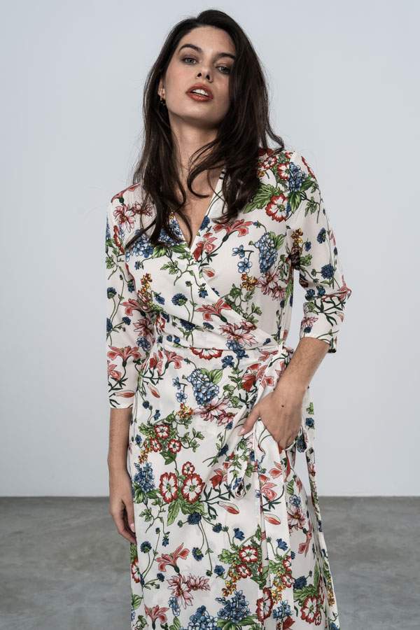 VESTIDO CRUZADO MIDI AMAPOLAS BEIG