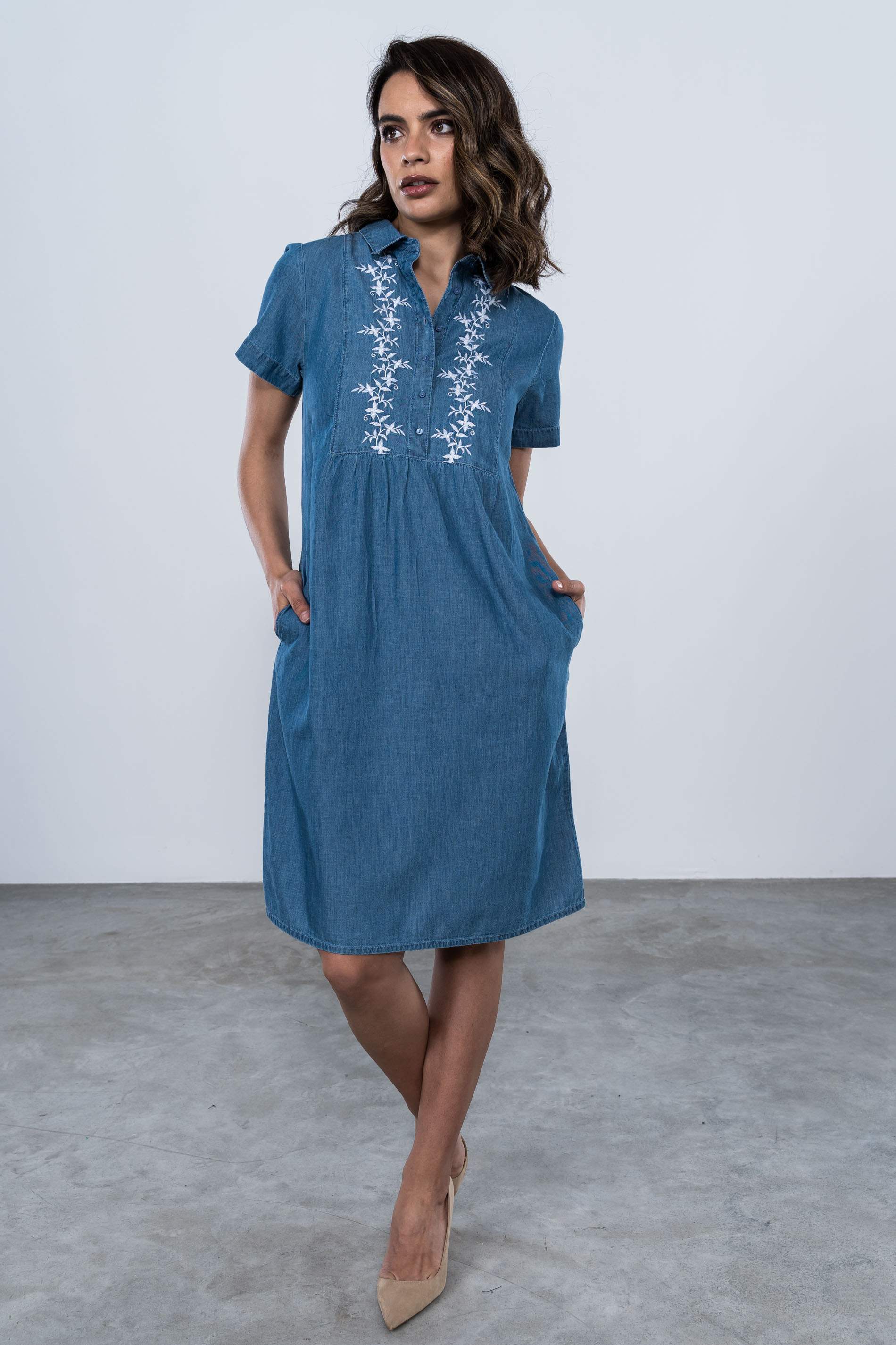 VESTIDO DENIM BORDADO FLORAL MC