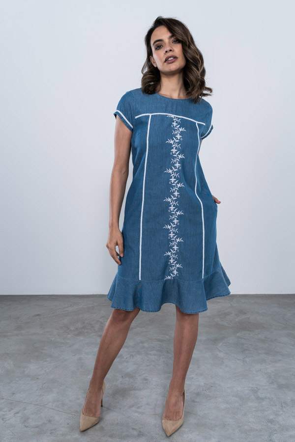 VESTIDO VOLANTE DENIM BORDADO FLORAL