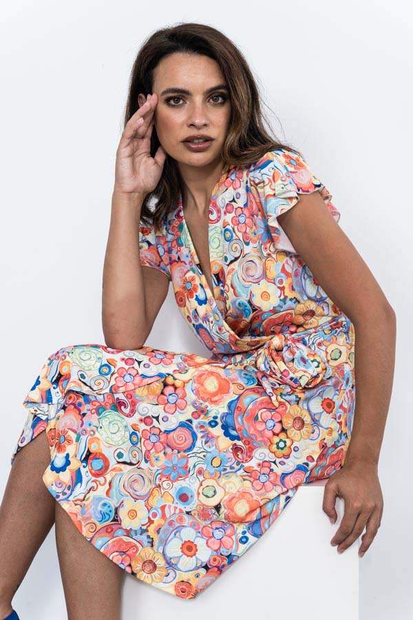 VESTIDO EFECTO CRUZADO FLORES 
