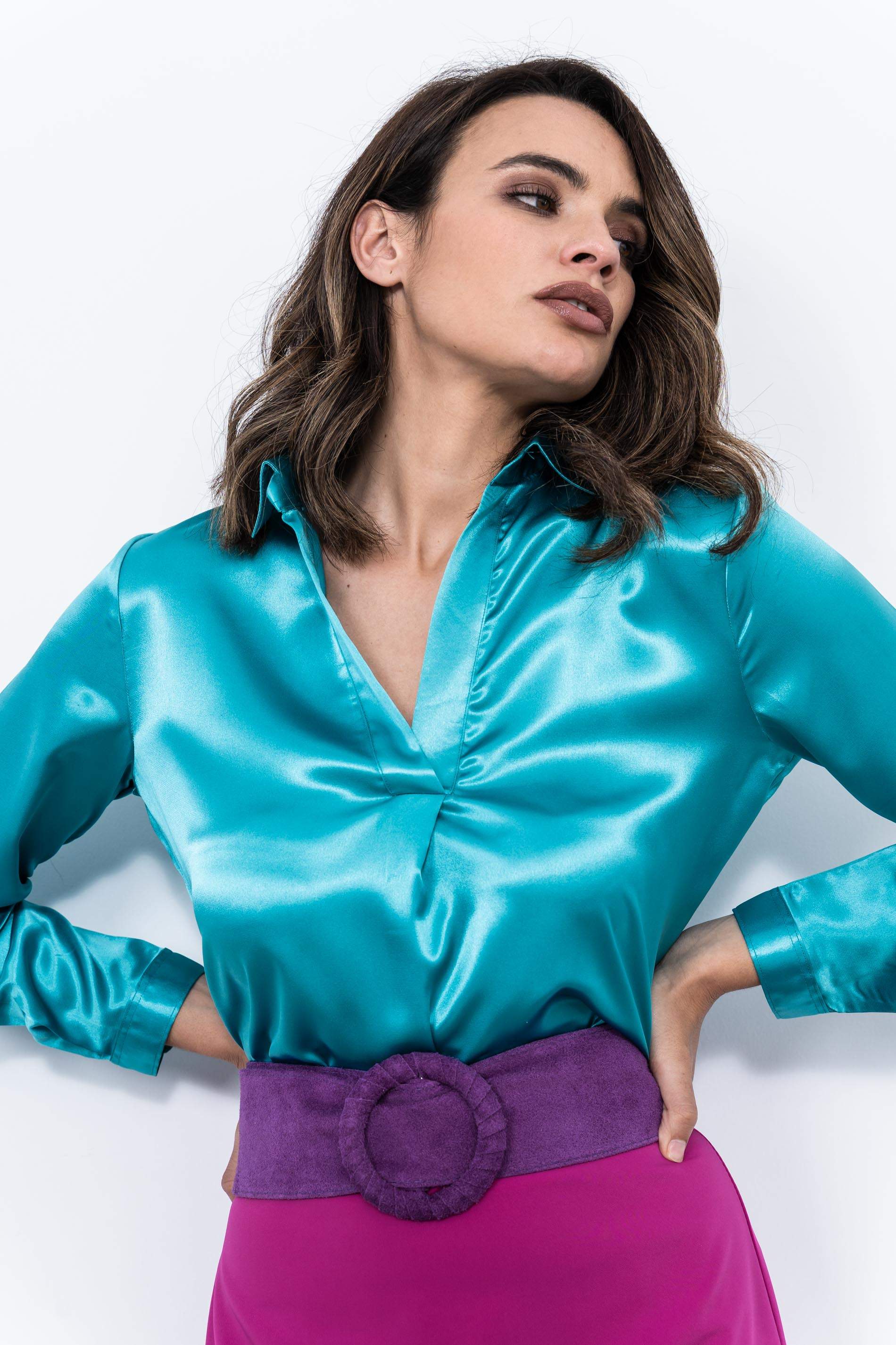 BLUSA TABLA SATINADA TURQUESA