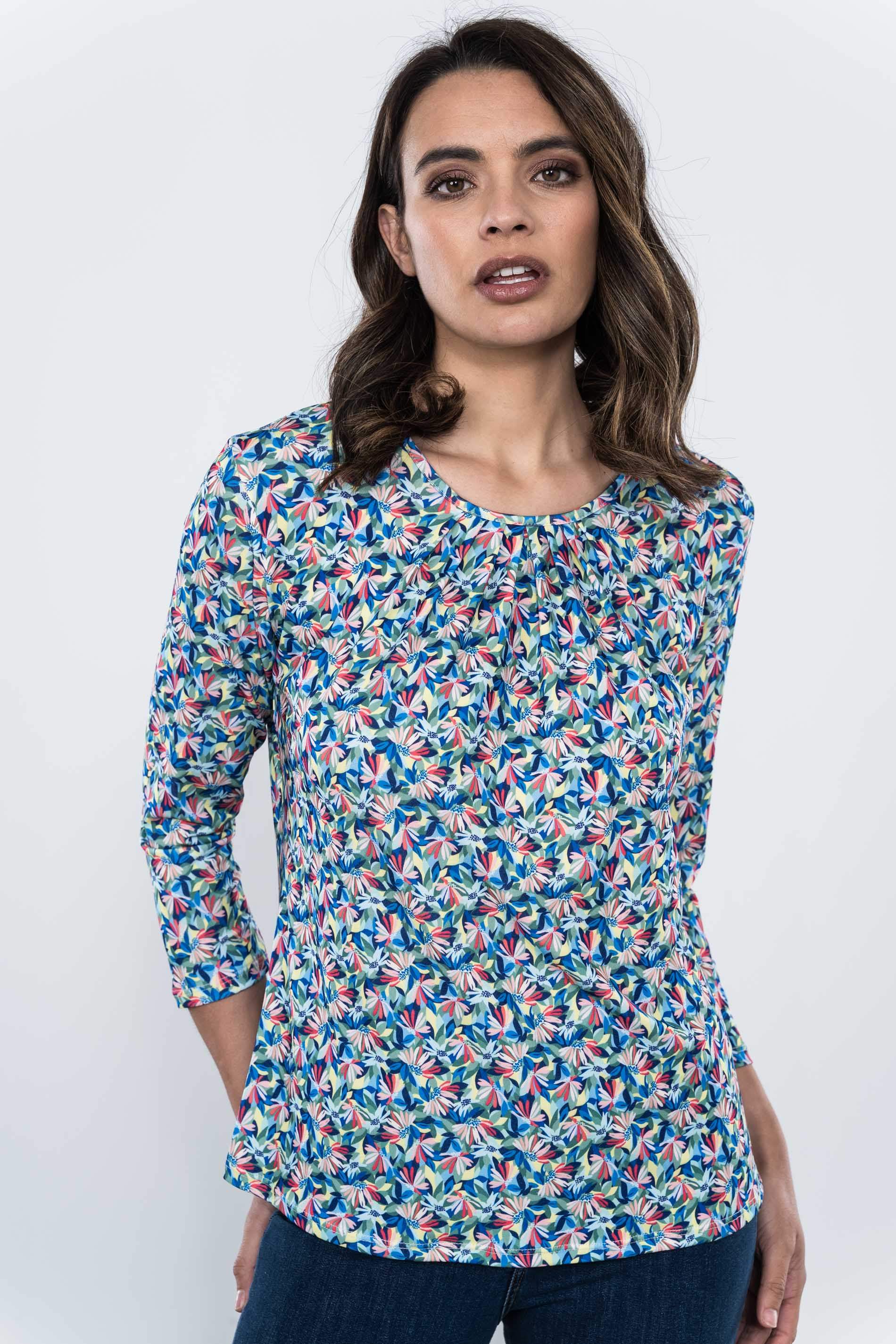 CAMISETA PLIEGUES FLORAL HOJAS MANGA FRANCESA