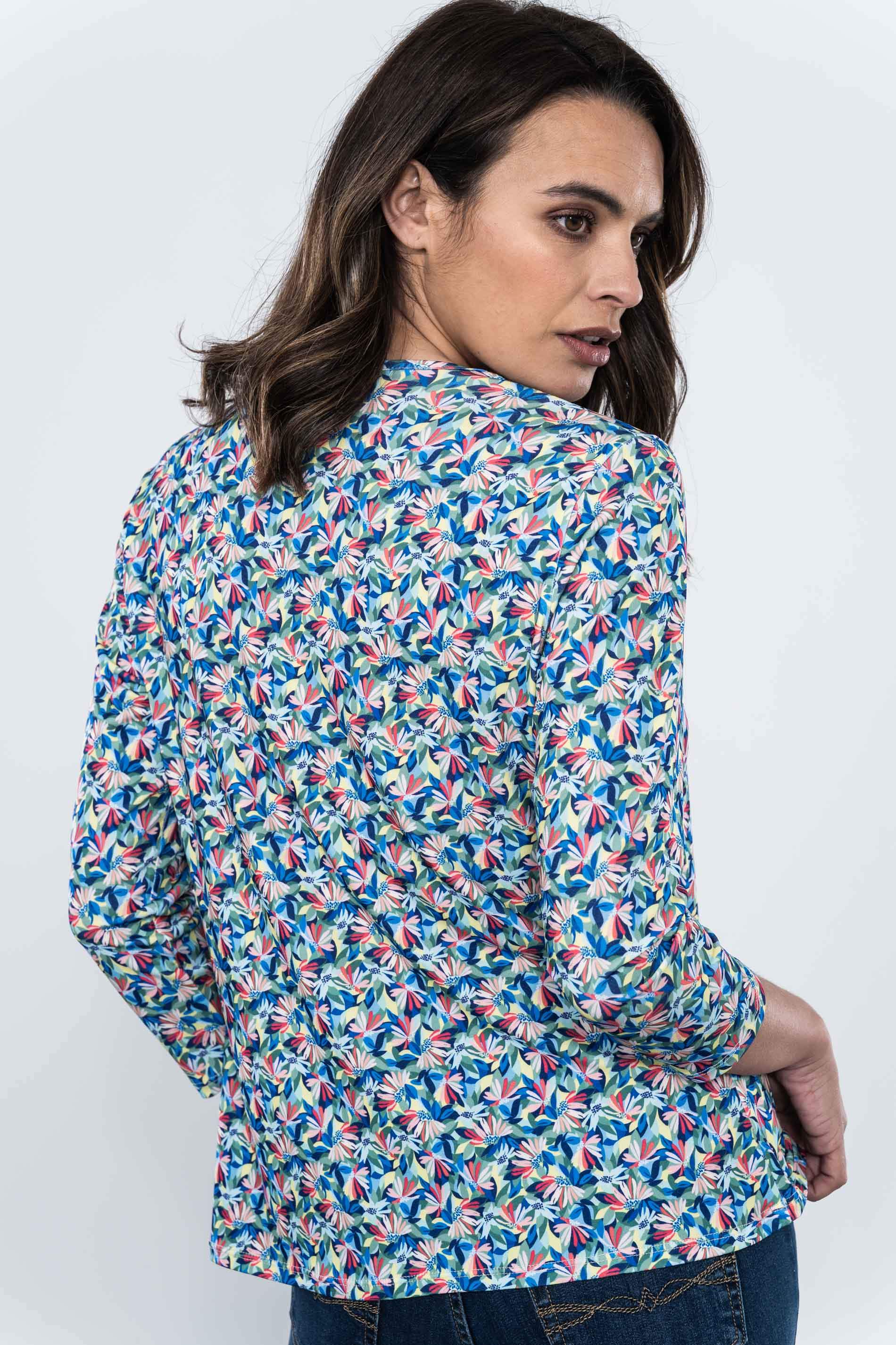 CAMISETA PLIEGUES FLORAL HOJAS MANGA FRANCESA
