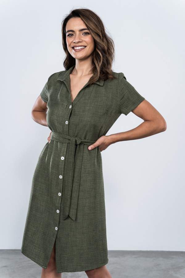 VESTIDO CUELLO PICO CAMISERO KAKI MANGA CORTA