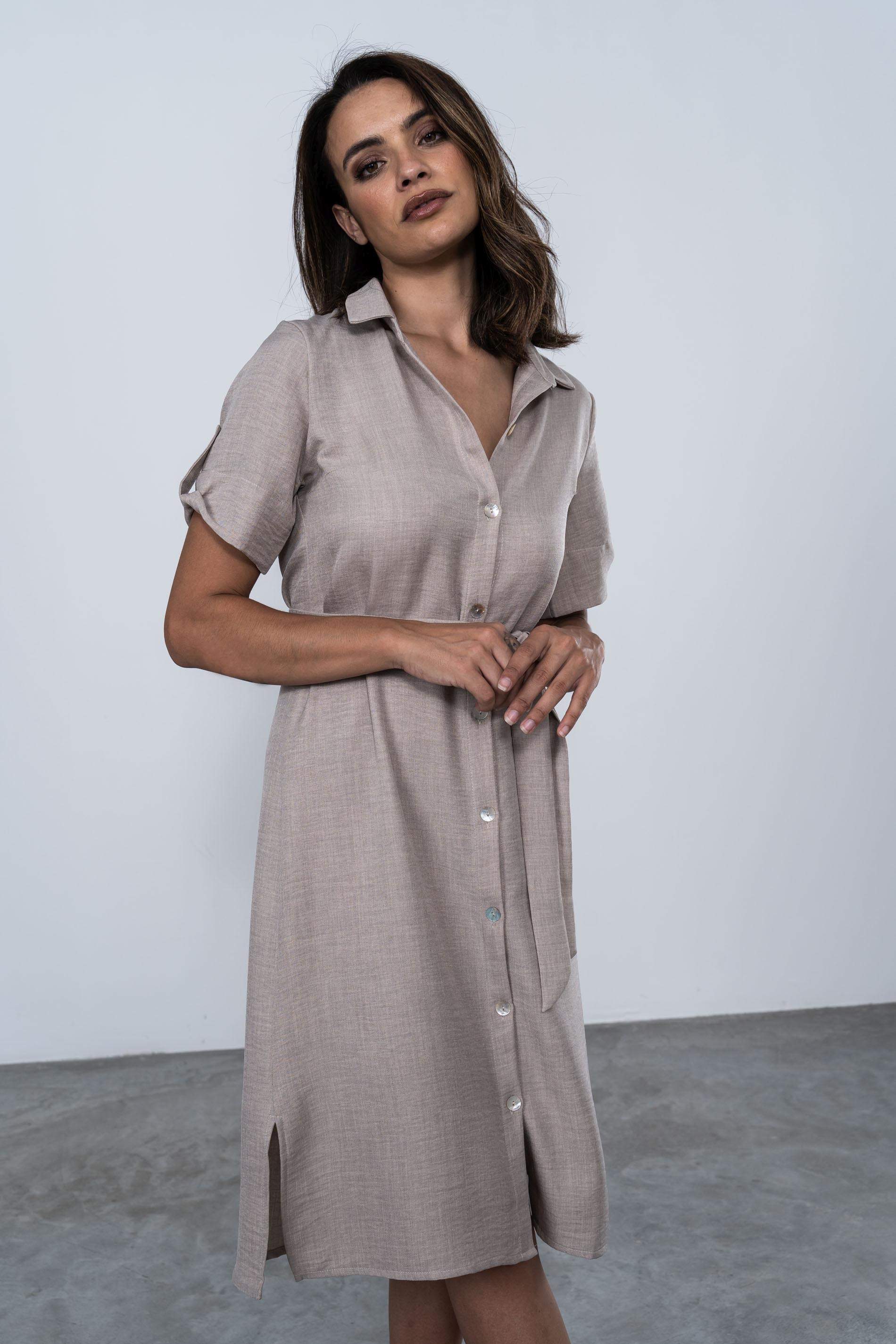 VESTIDO CAMISERO MANGA VUELTA BEIGE