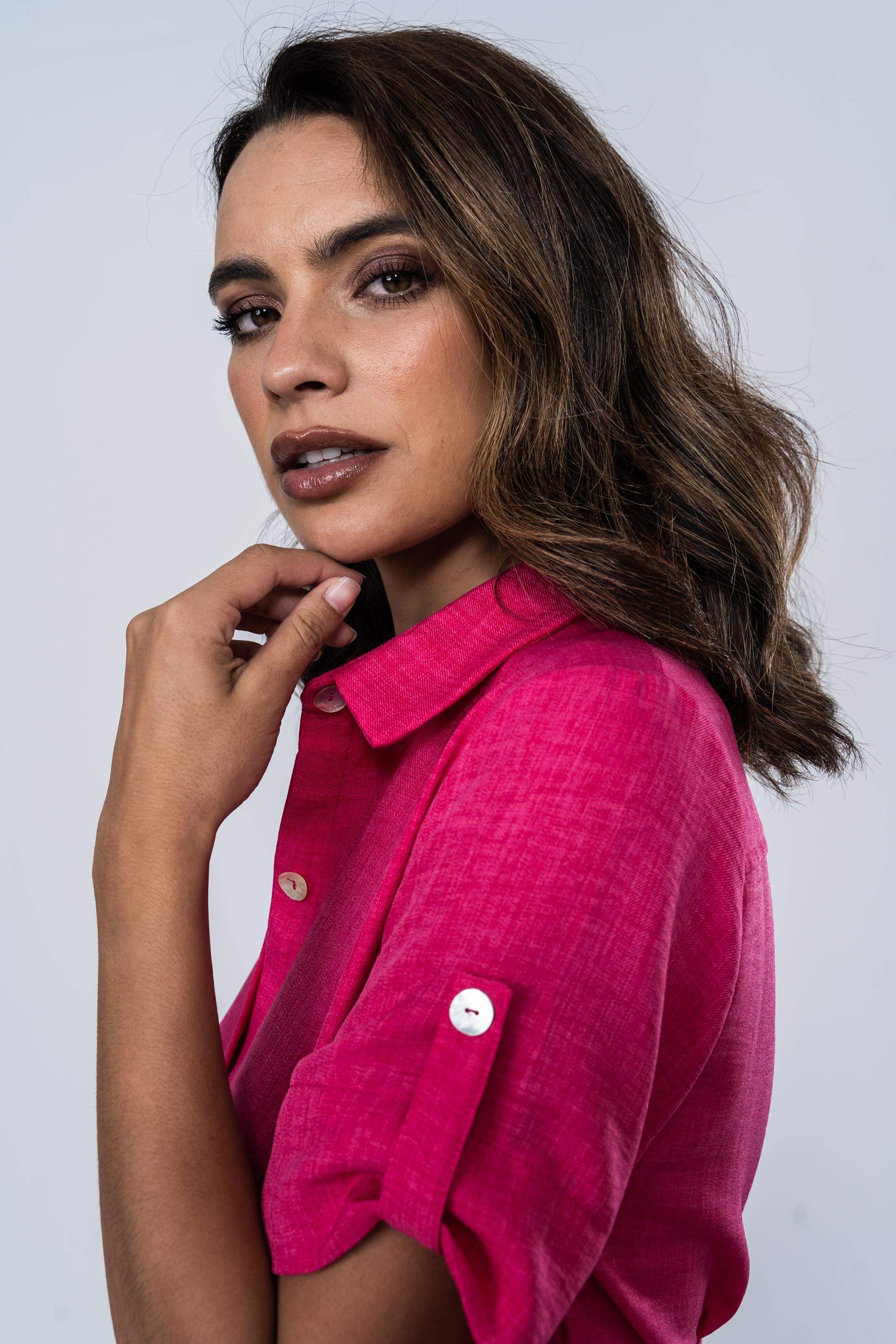 VESTIDO CAMISERO MANGA VUELTA FUCSIA