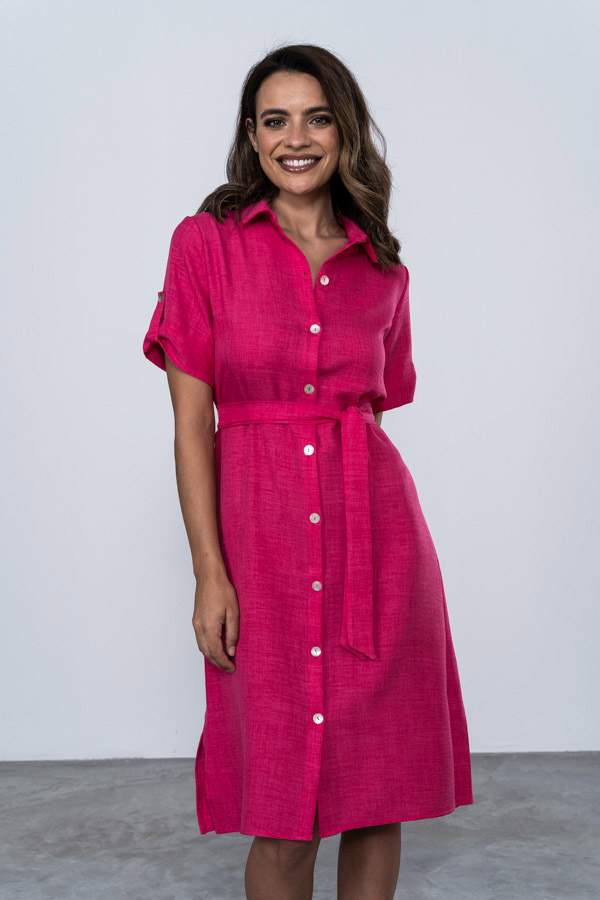 VESTIDO CAMISERO MANGA VUELTA FUCSIA