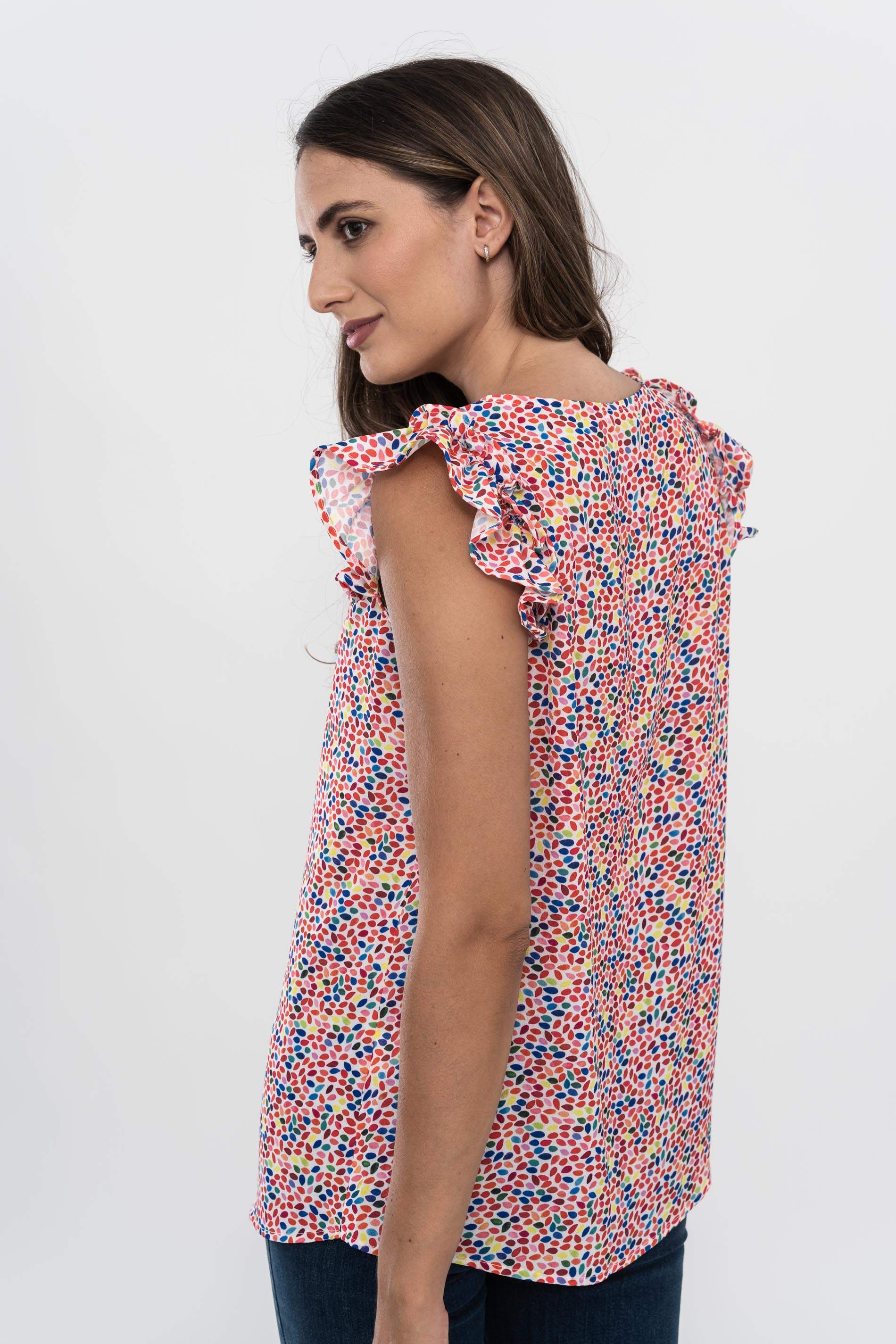 BLUSA PETALOS COLORES MANGA SISA VOLANTES.