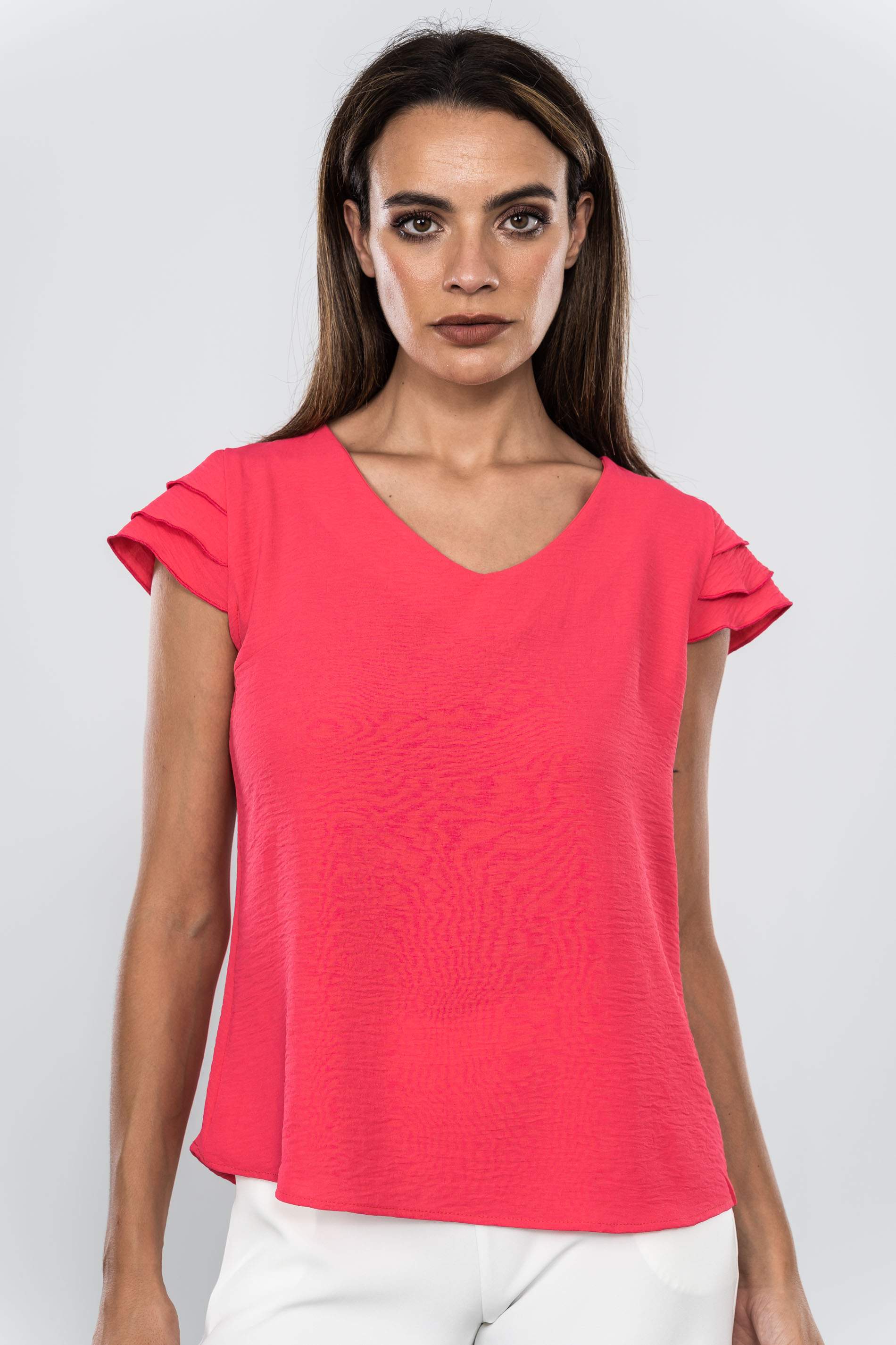BLUSA MANGA 3 VOLANTES FRESA