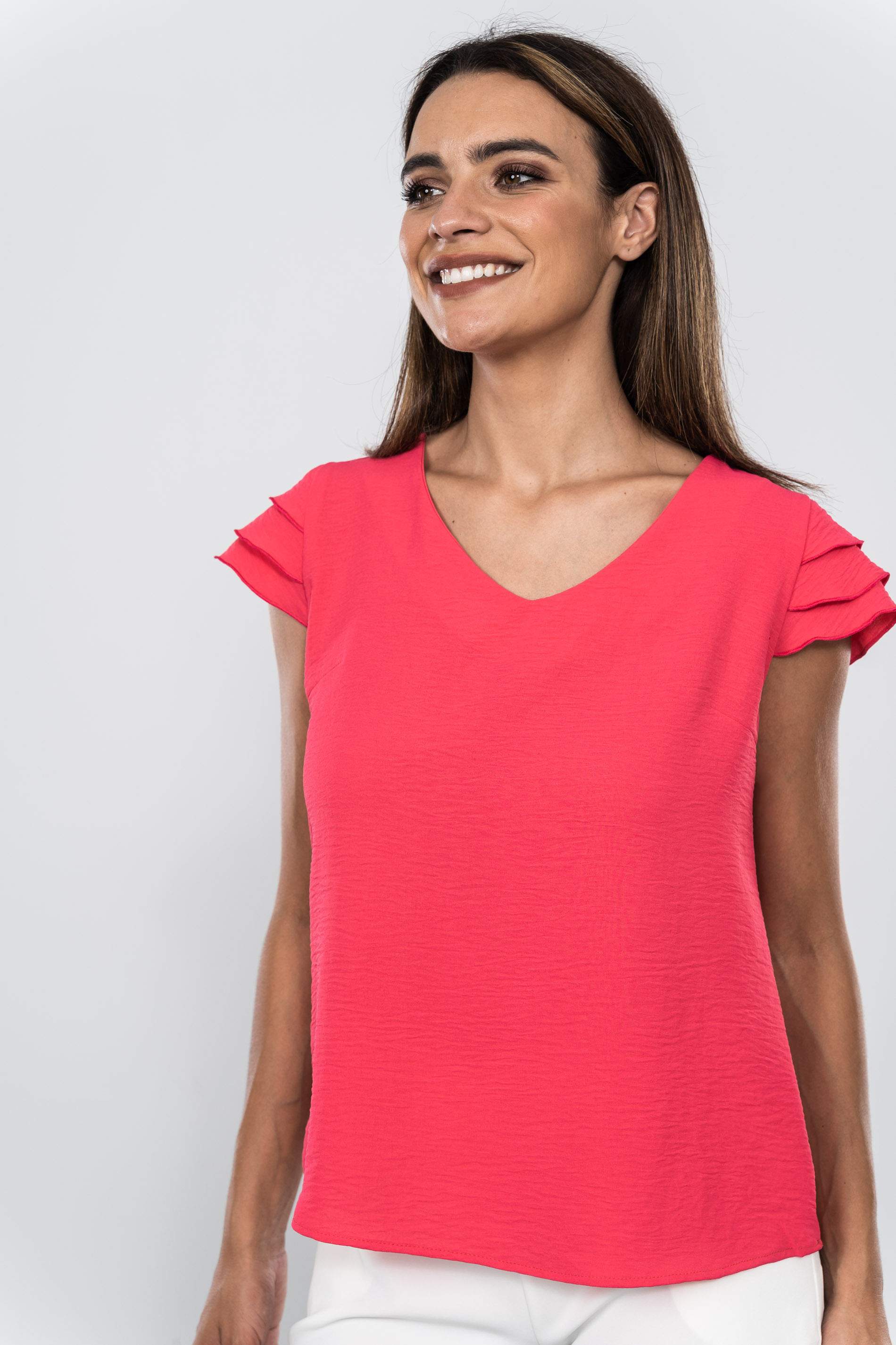 BLUSA MANGA 3 VOLANTES FRESA