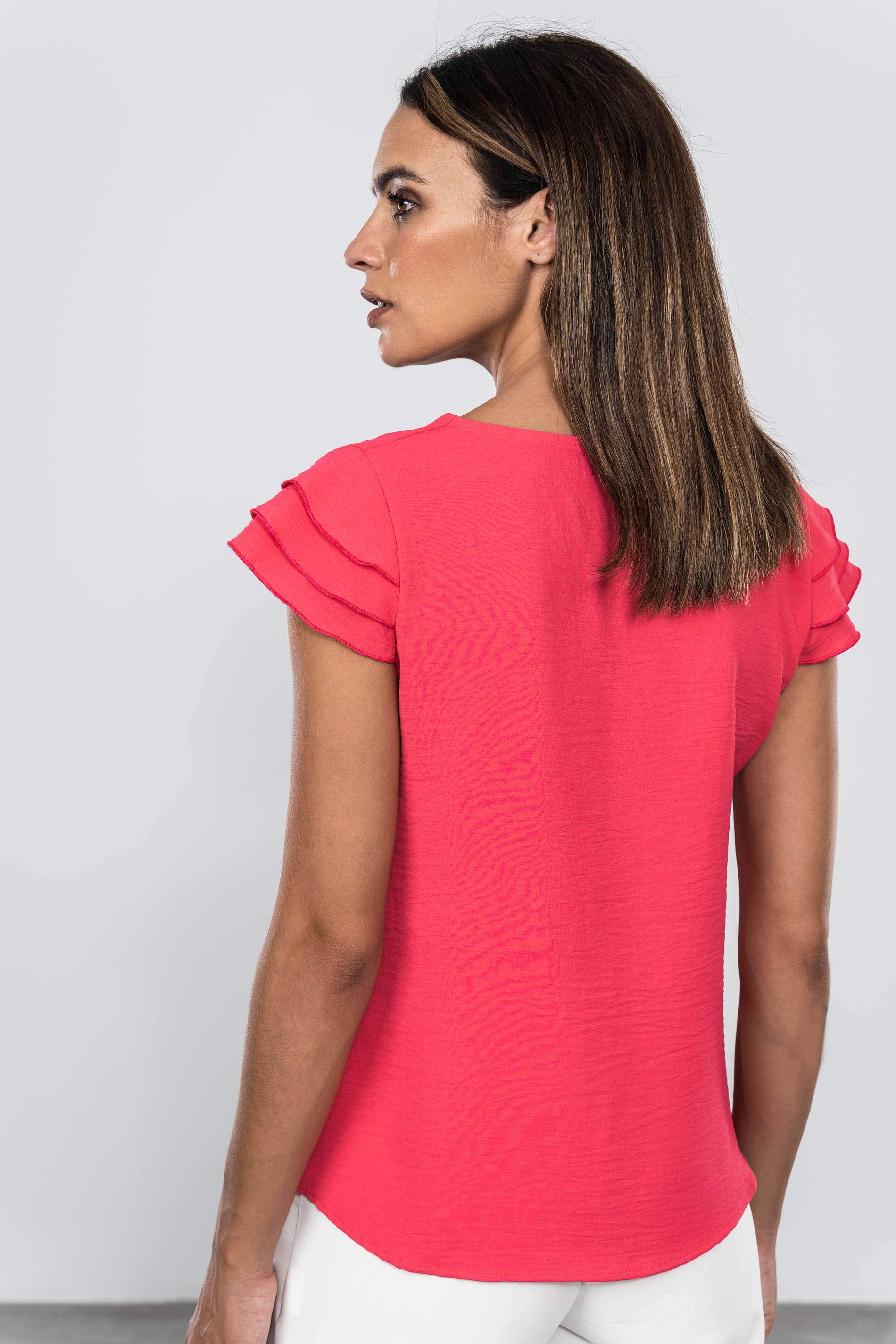 BLUSA MANGA 3 VOLANTES FRESA