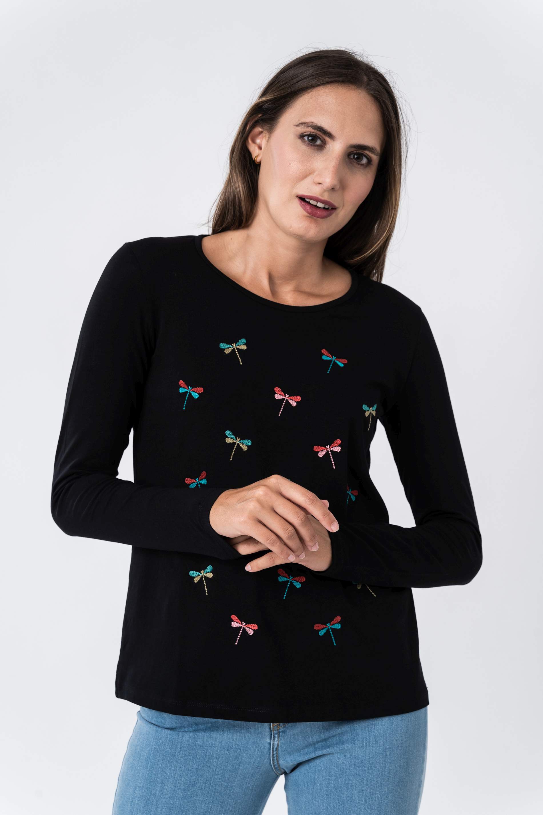 CAMISETA BORDADA LIBELULAS  NEGRO