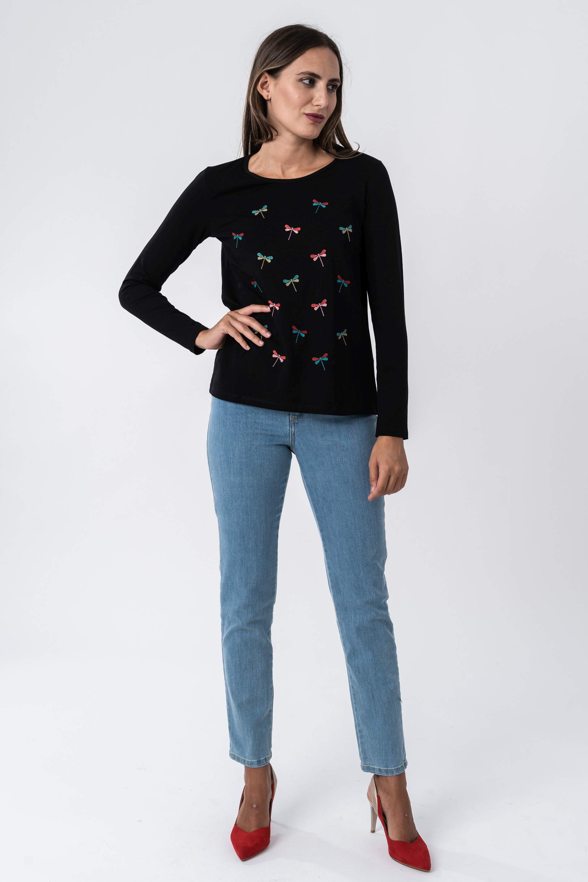 CAMISETA BORDADA LIBELULAS NEGRO
