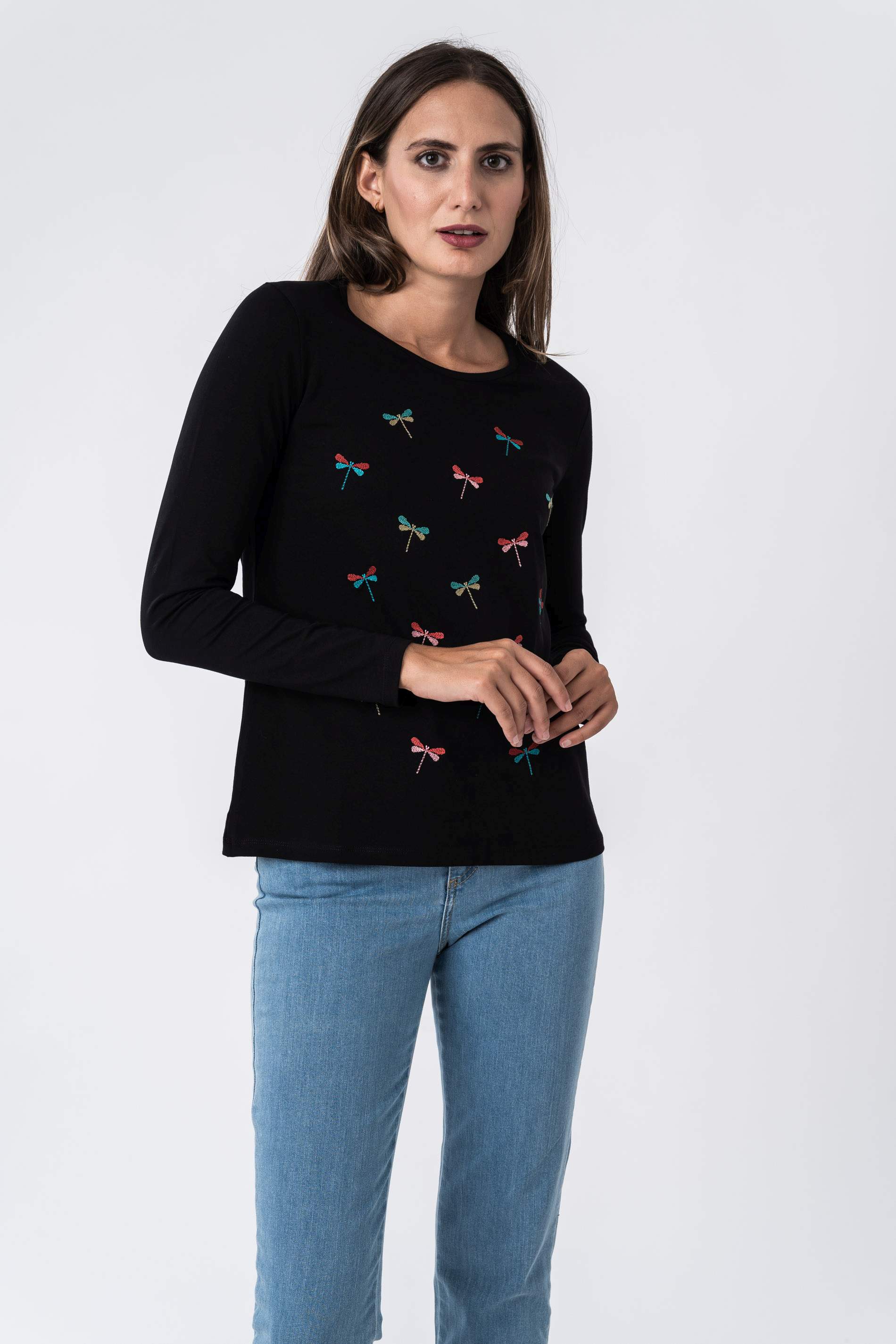 CAMISETA BORDADA LIBELULAS NEGRO