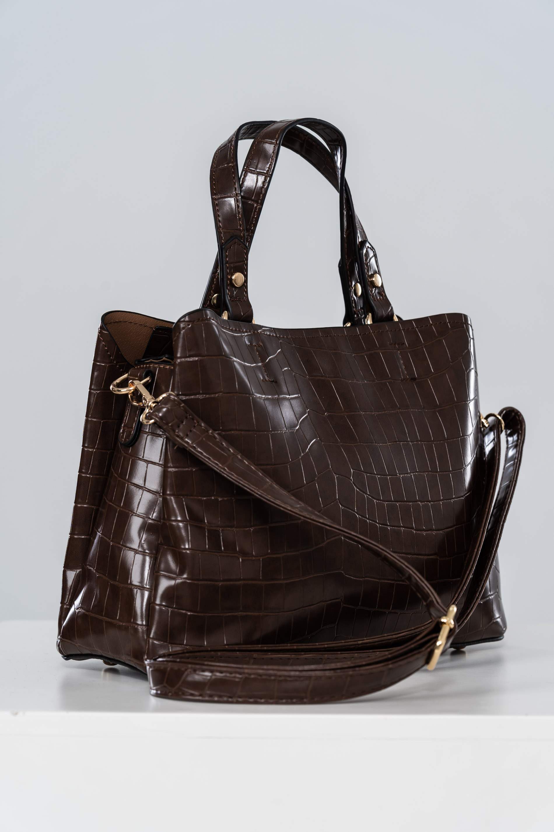 BOLSO DOBLE ASA EFECTO COCO MARRON