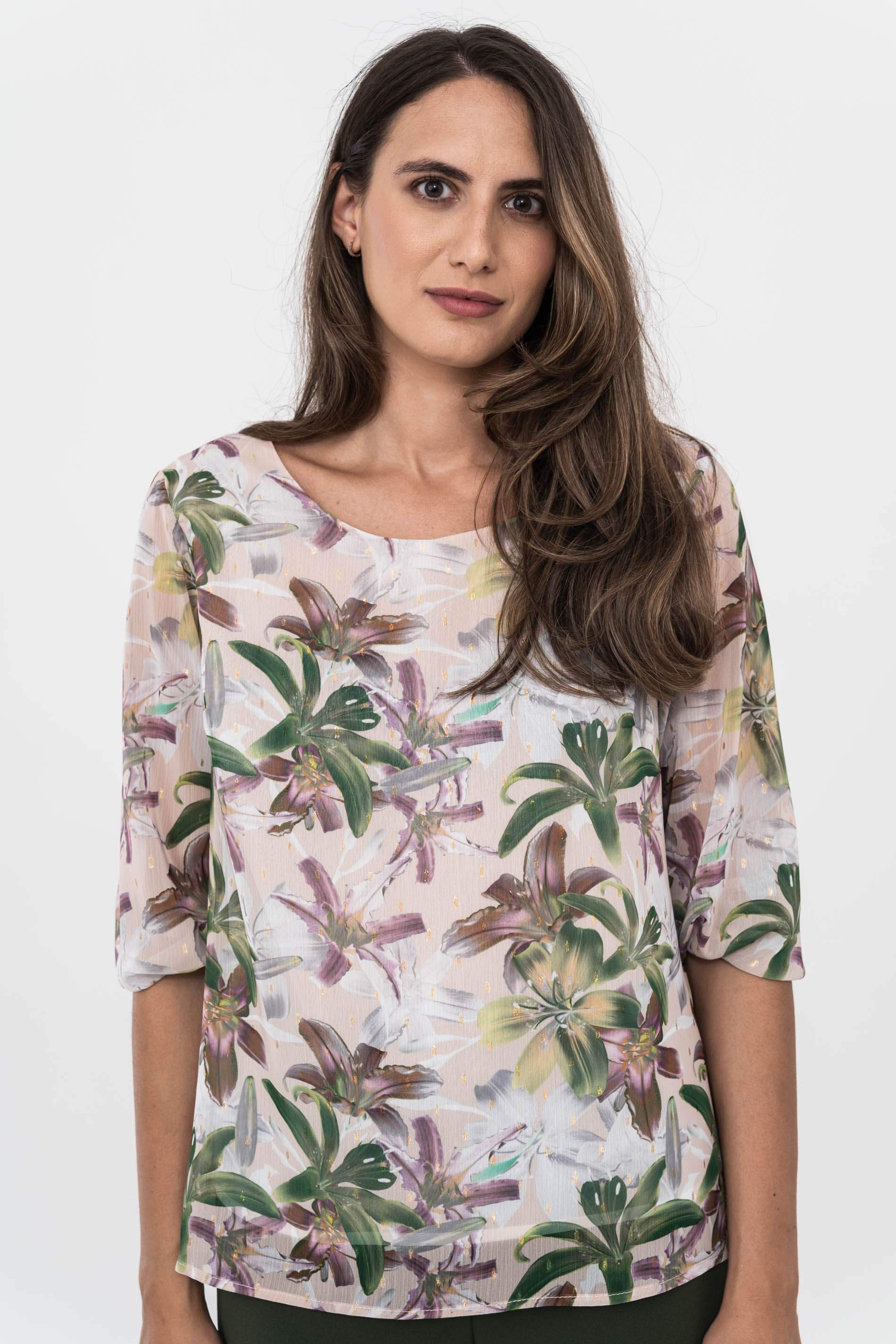 BLUSA  FLORAL DETALLE LUREX VERDE