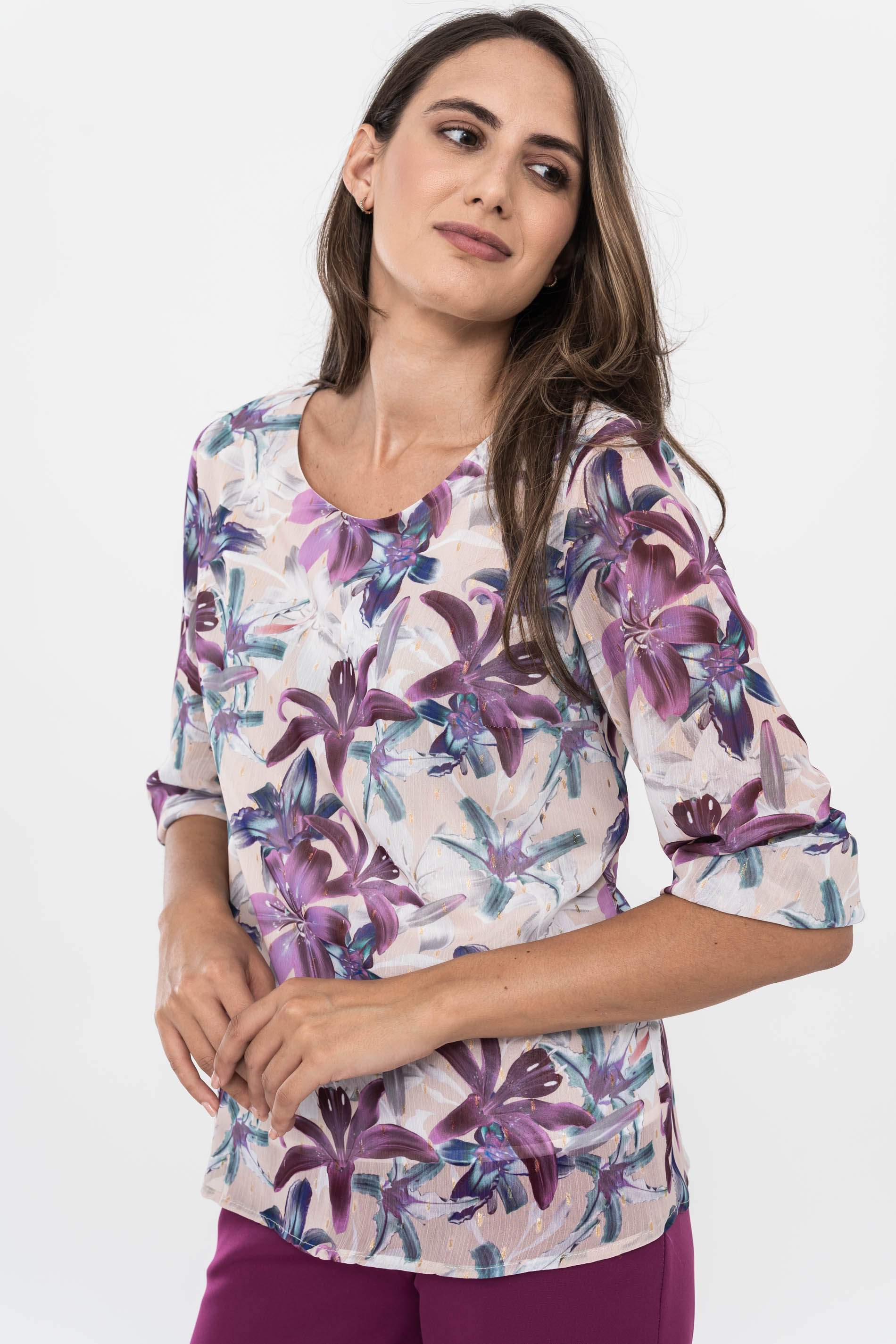 BLUSA FLORAL DETALLE LUREX MALVA