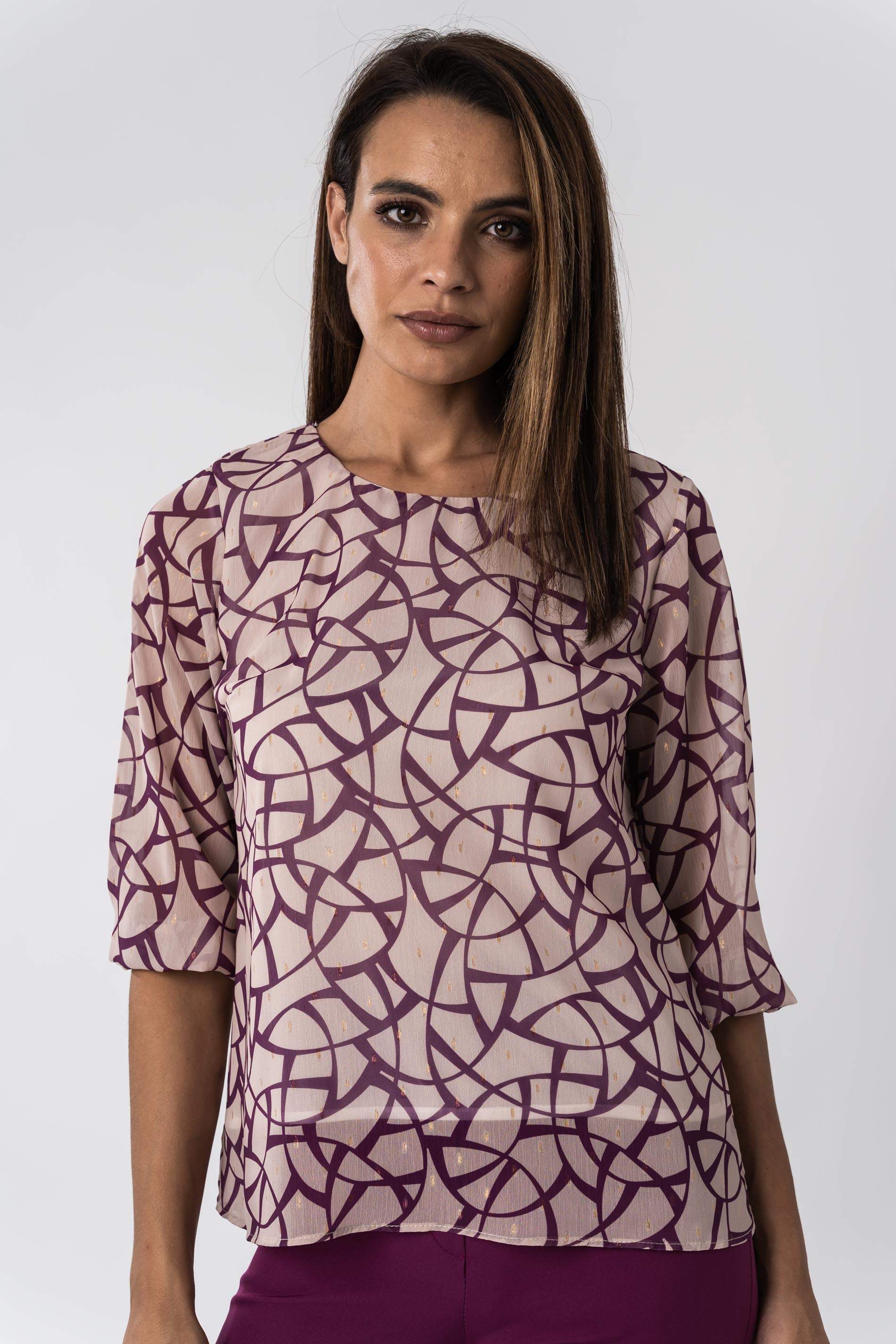 BLUSA BICOLOR DETALLE LUREX MALVA
