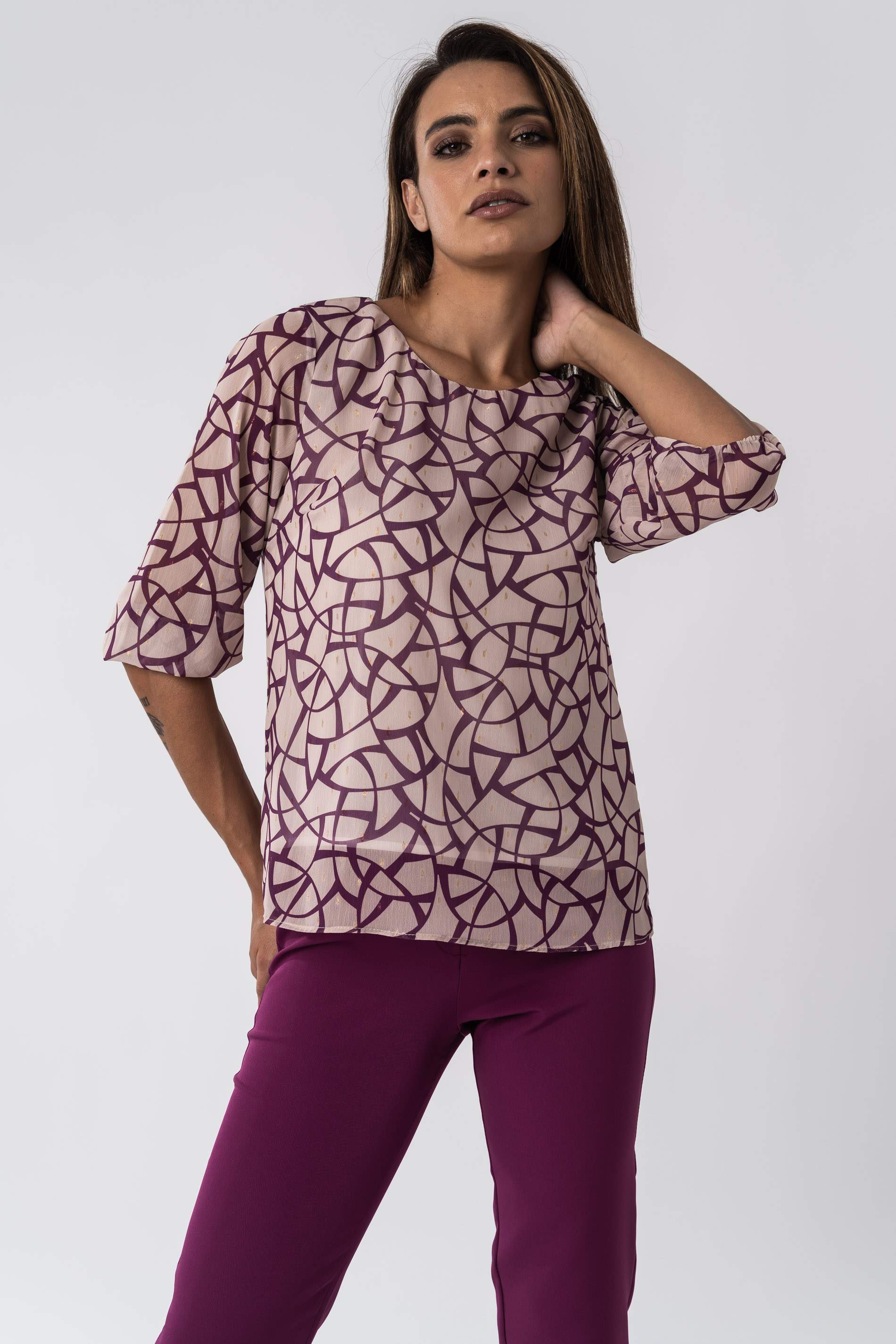 BLUSA BICOLOR DETALLE LUREX MALVA