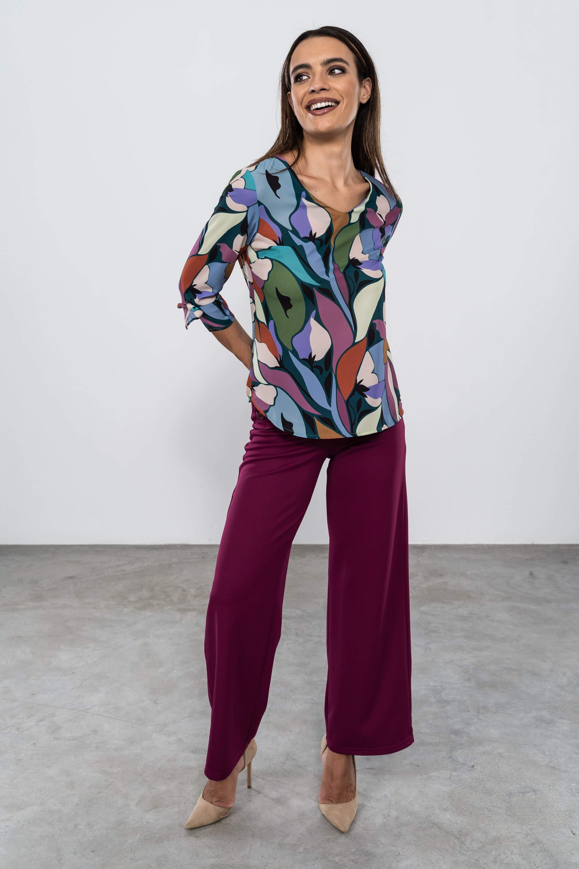 PANTALON ANCHO BOTONES BERENJENA