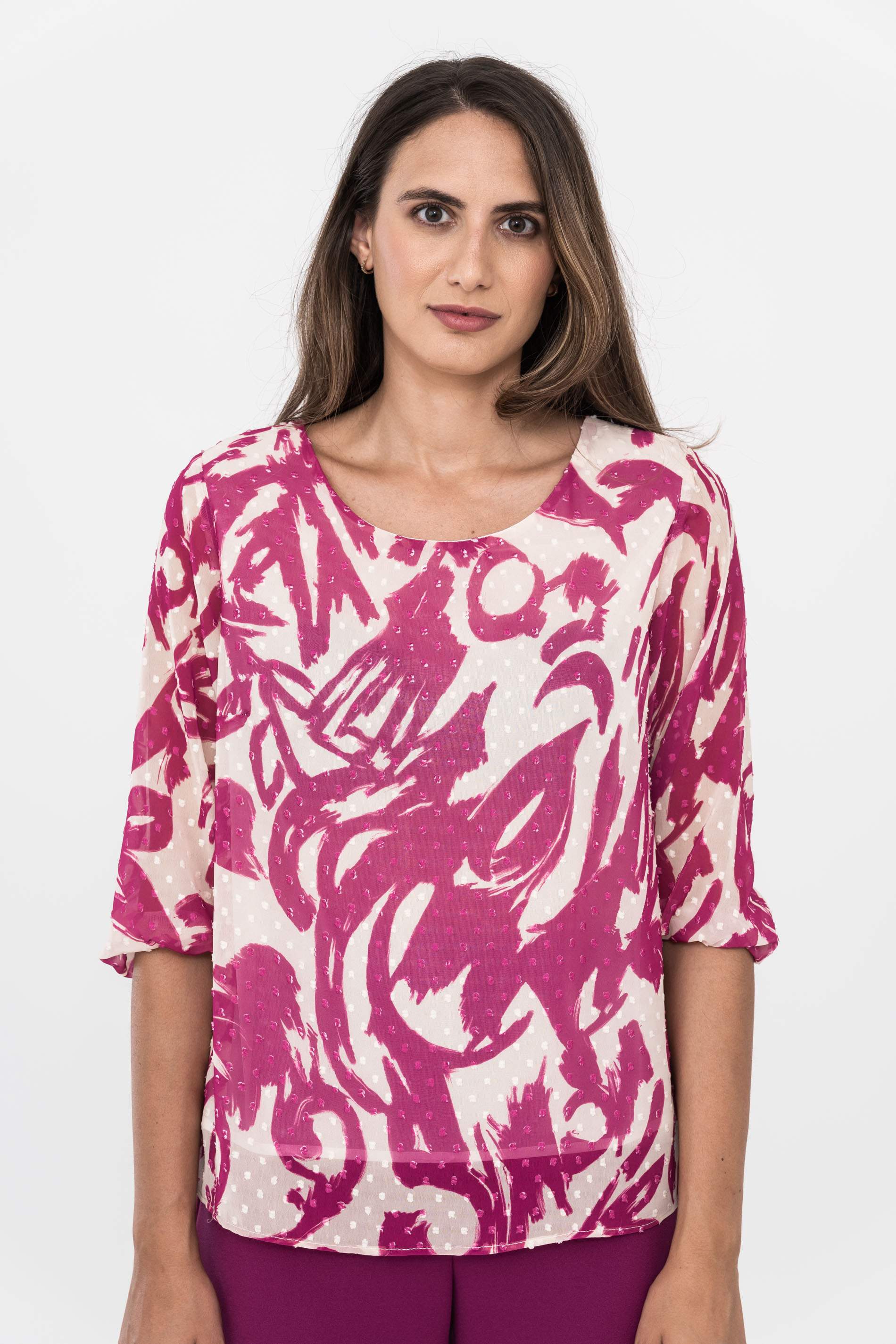 BLUSA PLUMETI PINCELADAS FUCSIA