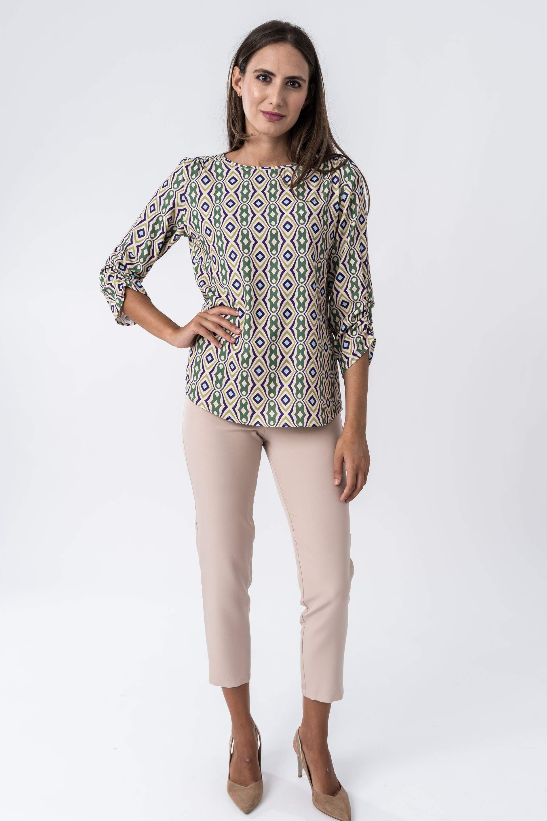 BLUSA PUÑO FRUNCIDO GEOMETRICO